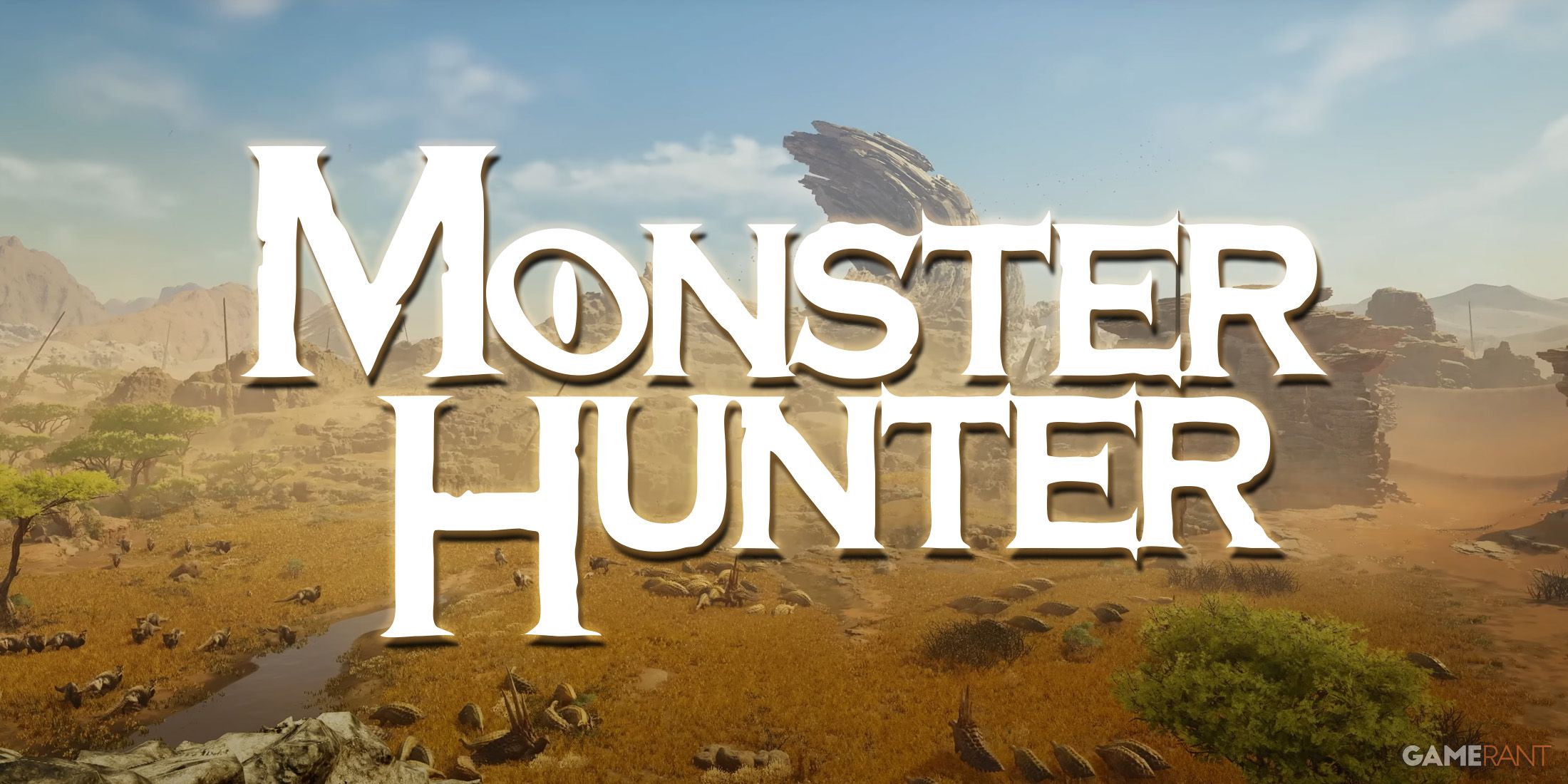 White Monster Hunter logo on MH Wilds trailer prairie screenshot
