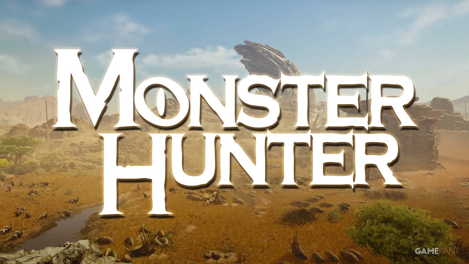 White Monster Hunter logo on MH Wilds trailer prairie screenshot