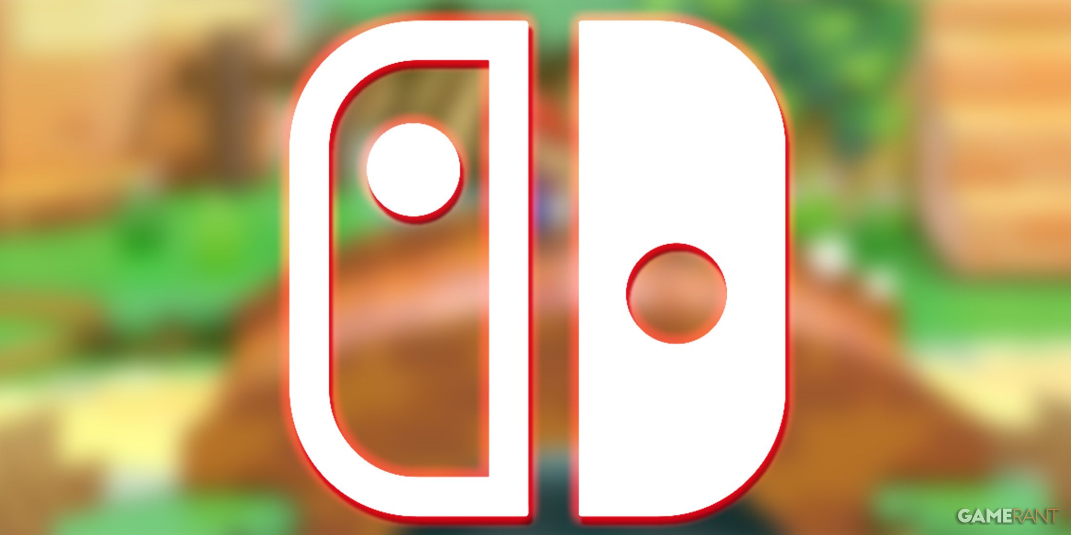 white Nintendo Switch logo submark glowing red on blurred Paper Mario The Thousand Year door promo screenshot