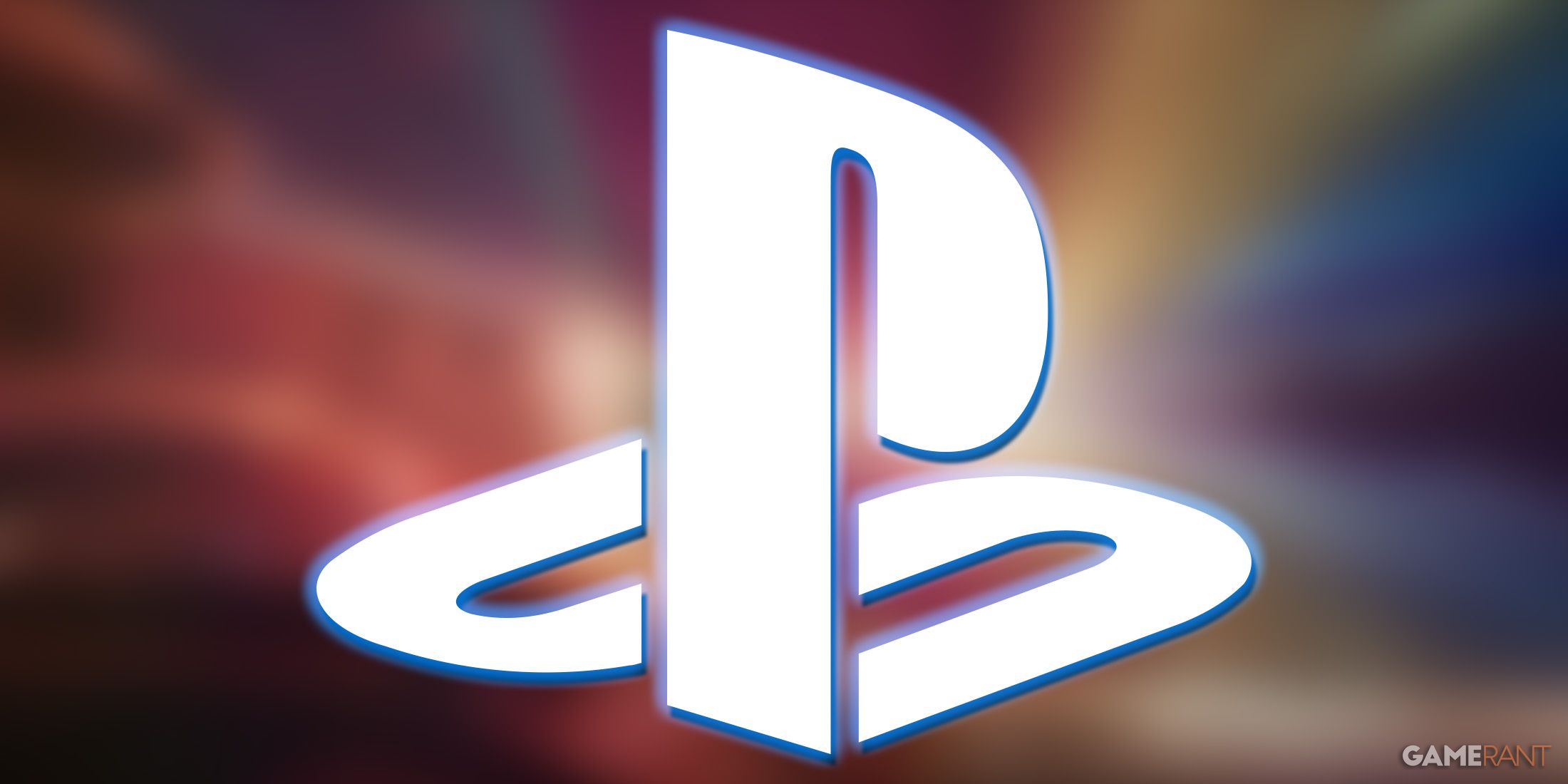 White PlayStation logo submark emblem with blue outer glow on blurred Concord teaser trailer screenshot