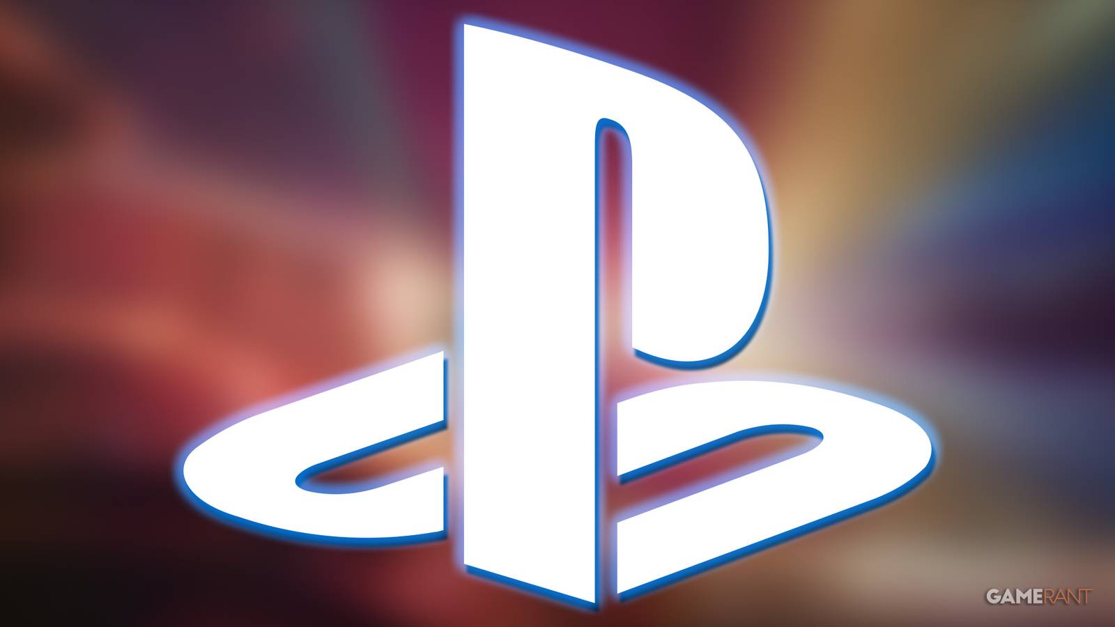 White PlayStation logo submark emblem with blue outer glow on blurred Concord teaser trailer screenshot