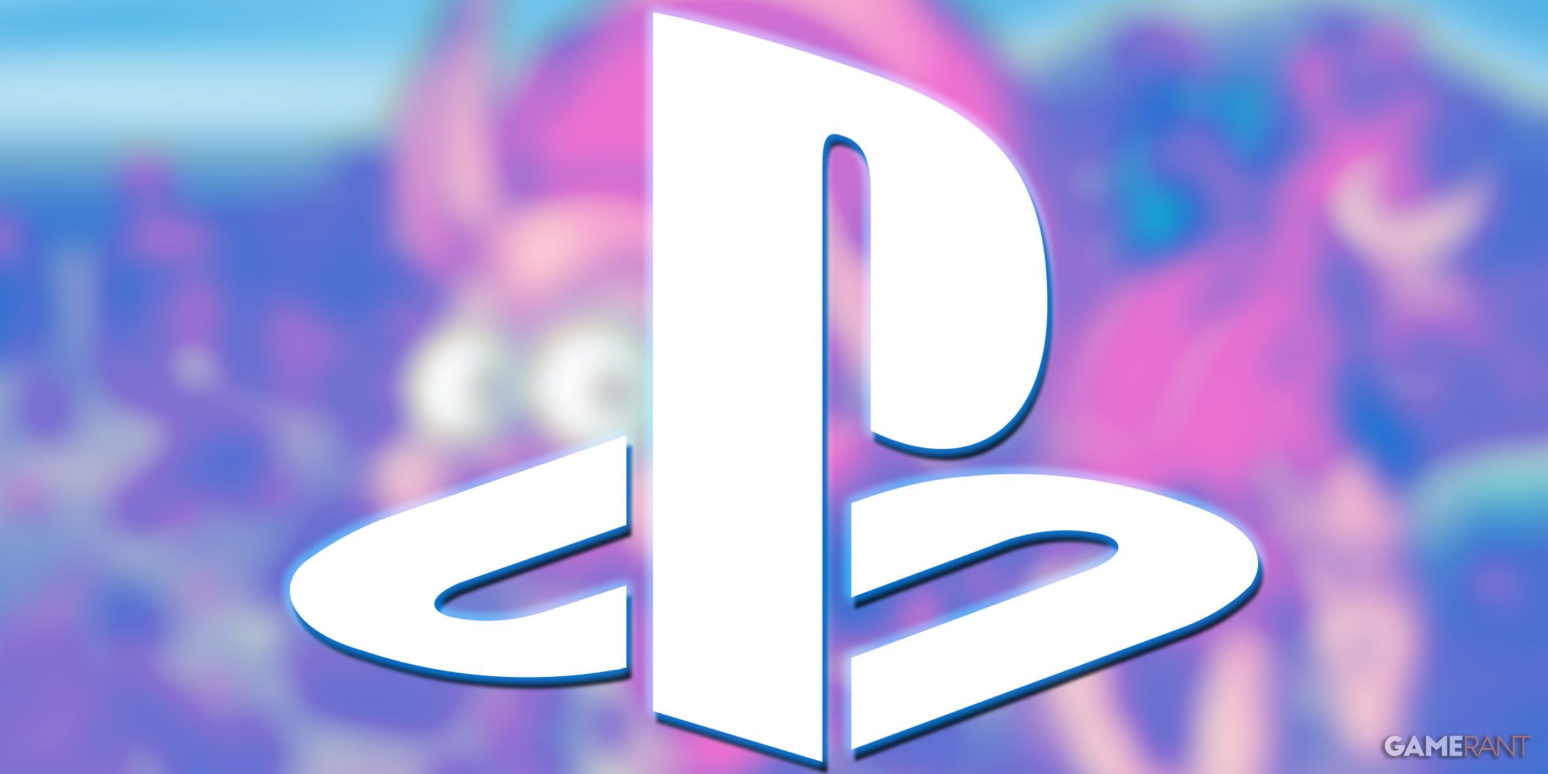 White PlayStation logo submark emblem with blue outer glow on blurred Tomba key art