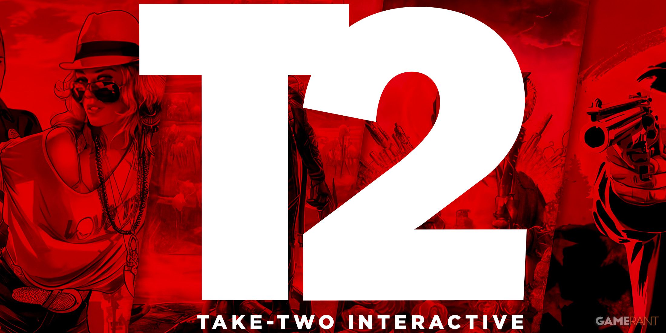 White Take-Two Interactive logo on red T2 game collage