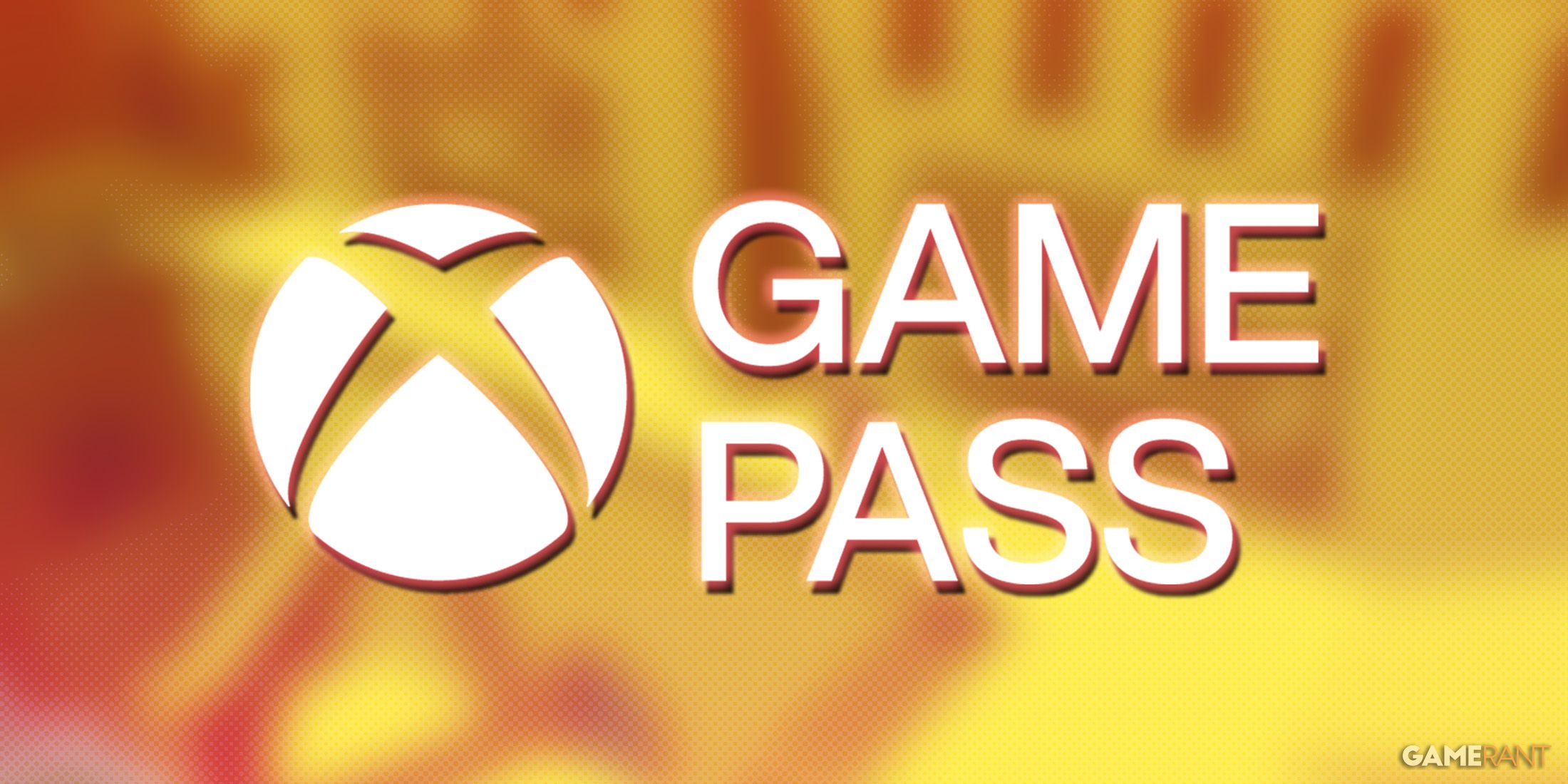 Xbox Game Pass logo on blurred dot halftone Chants of Sennaar promo screenshot yellow and red