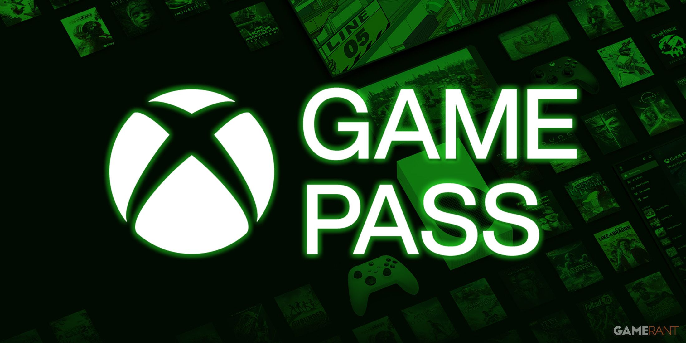 Xbox Game Pass white glowing logo on dark green Game Pass title library example composite