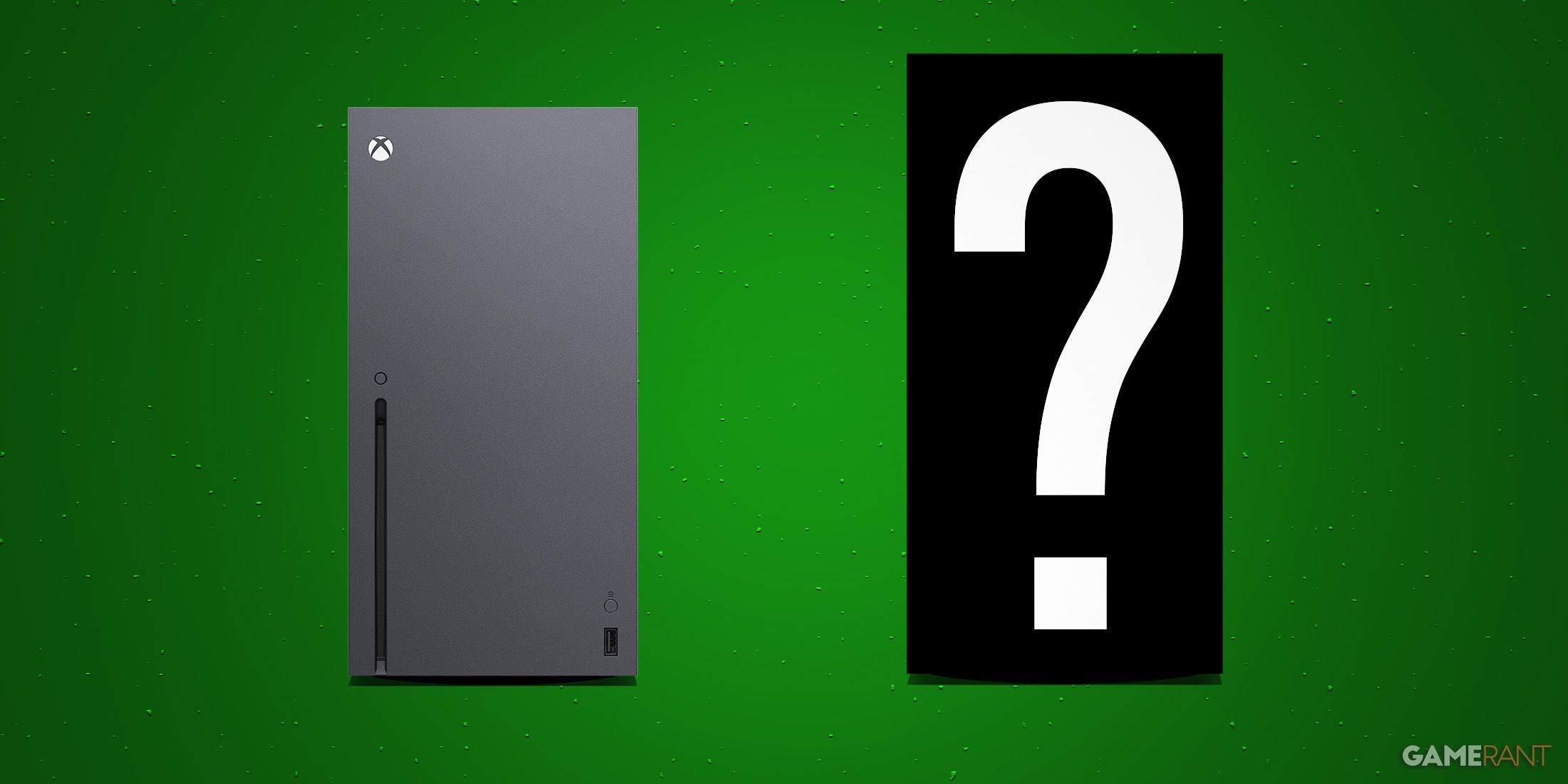 Xbox Series X next to larger console silhouette with white question mark on dark green background