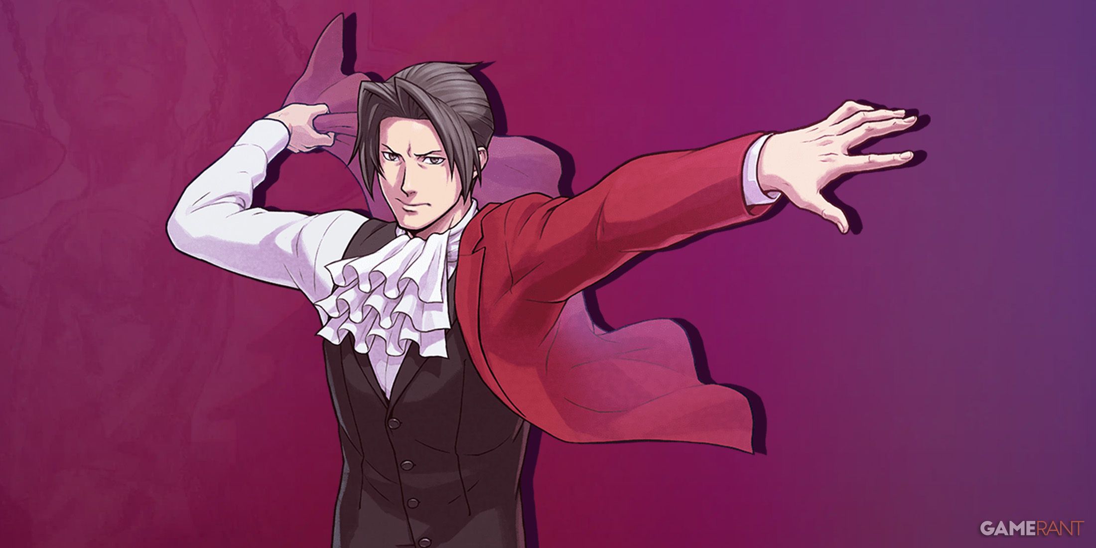 Ace Attorney Investigations Collection Miles Edgeworth artwork composite purple background