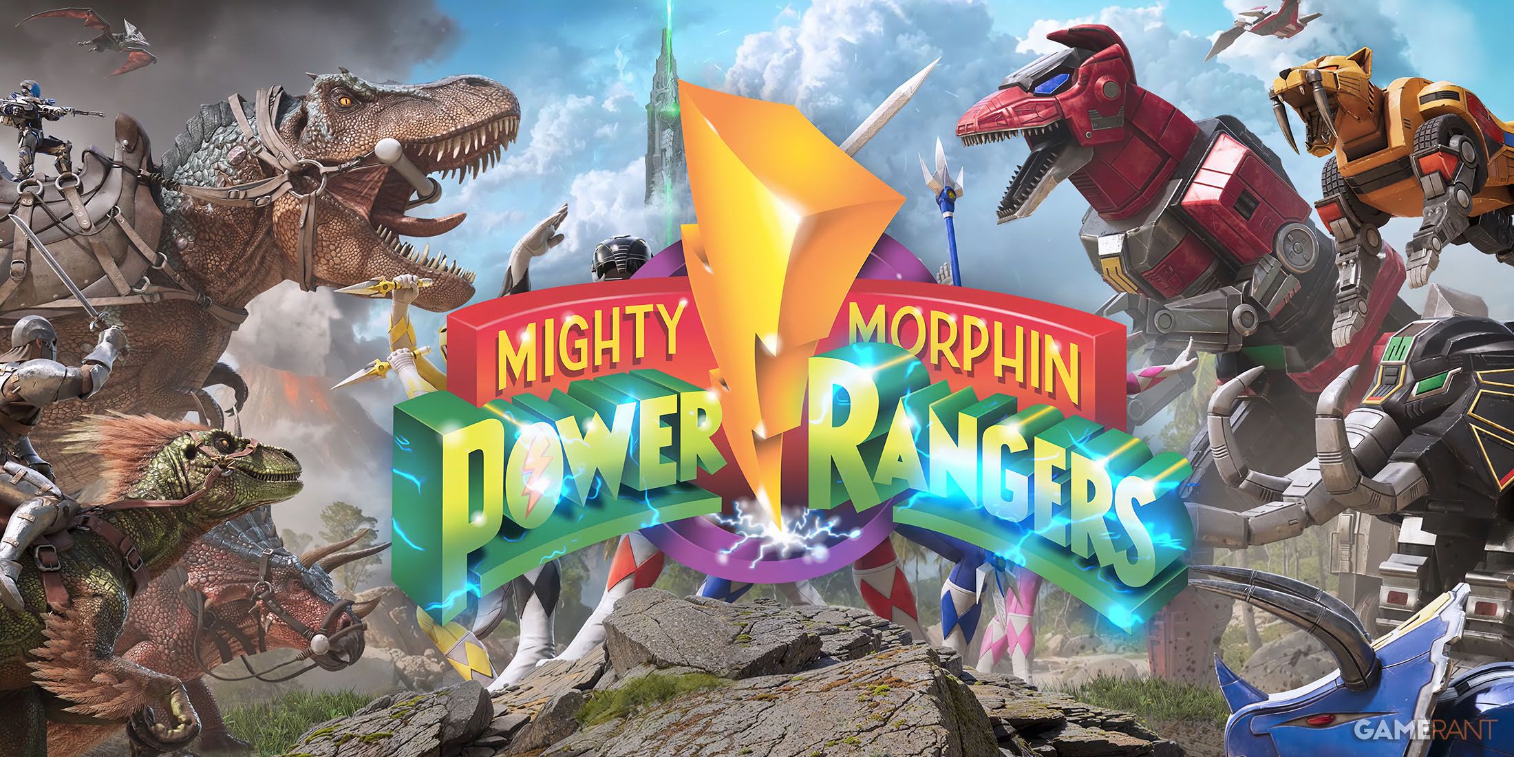 A promotional image for the Ark Survival Ascended Power Rangers crossover mod with the MMPR logo placed in front.
