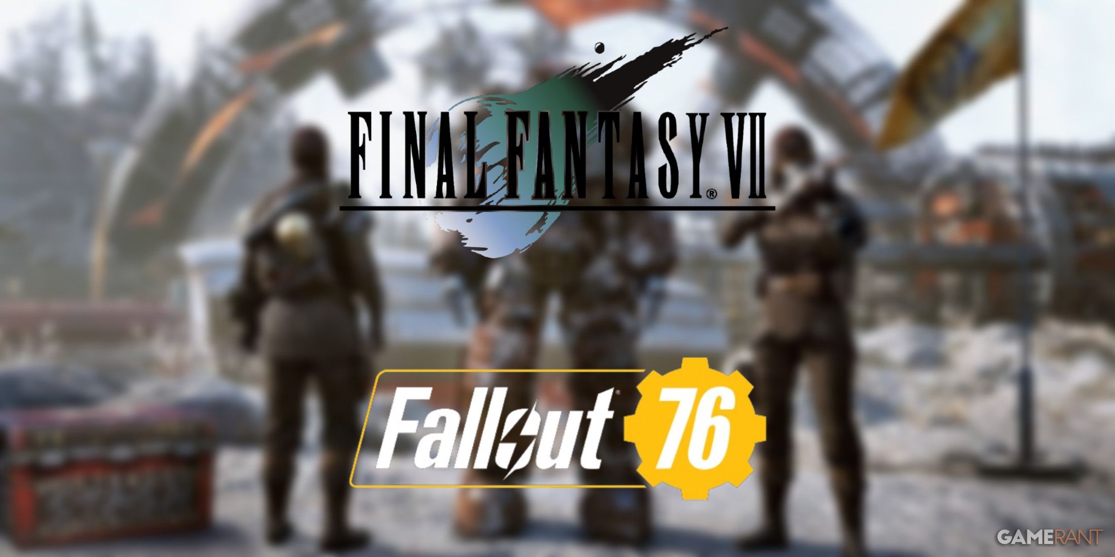 blurred fallout 76 characters power armor with fallout 76 logo and final fantasy 7 logo