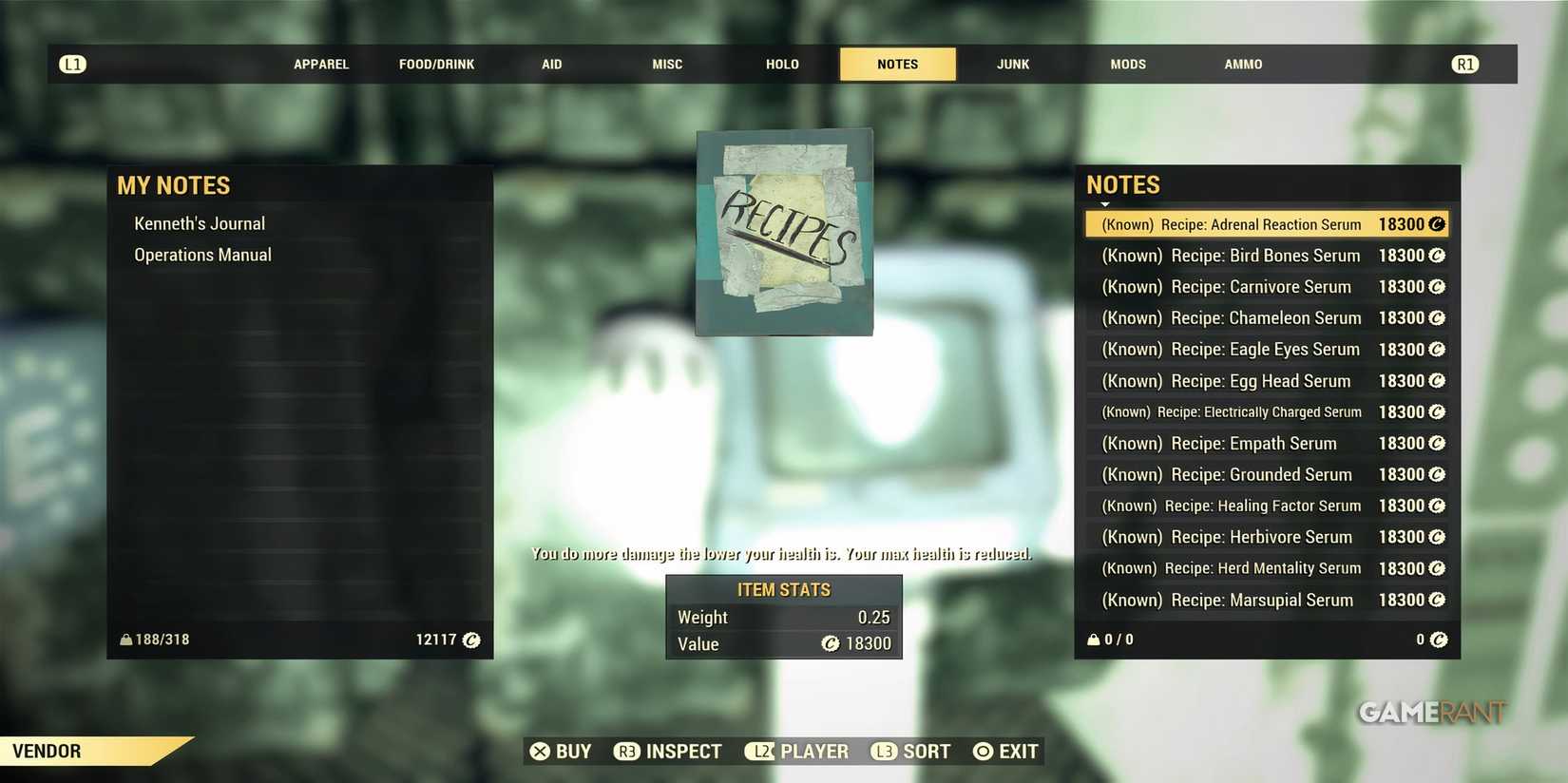 Buying Serums in Fallout 76