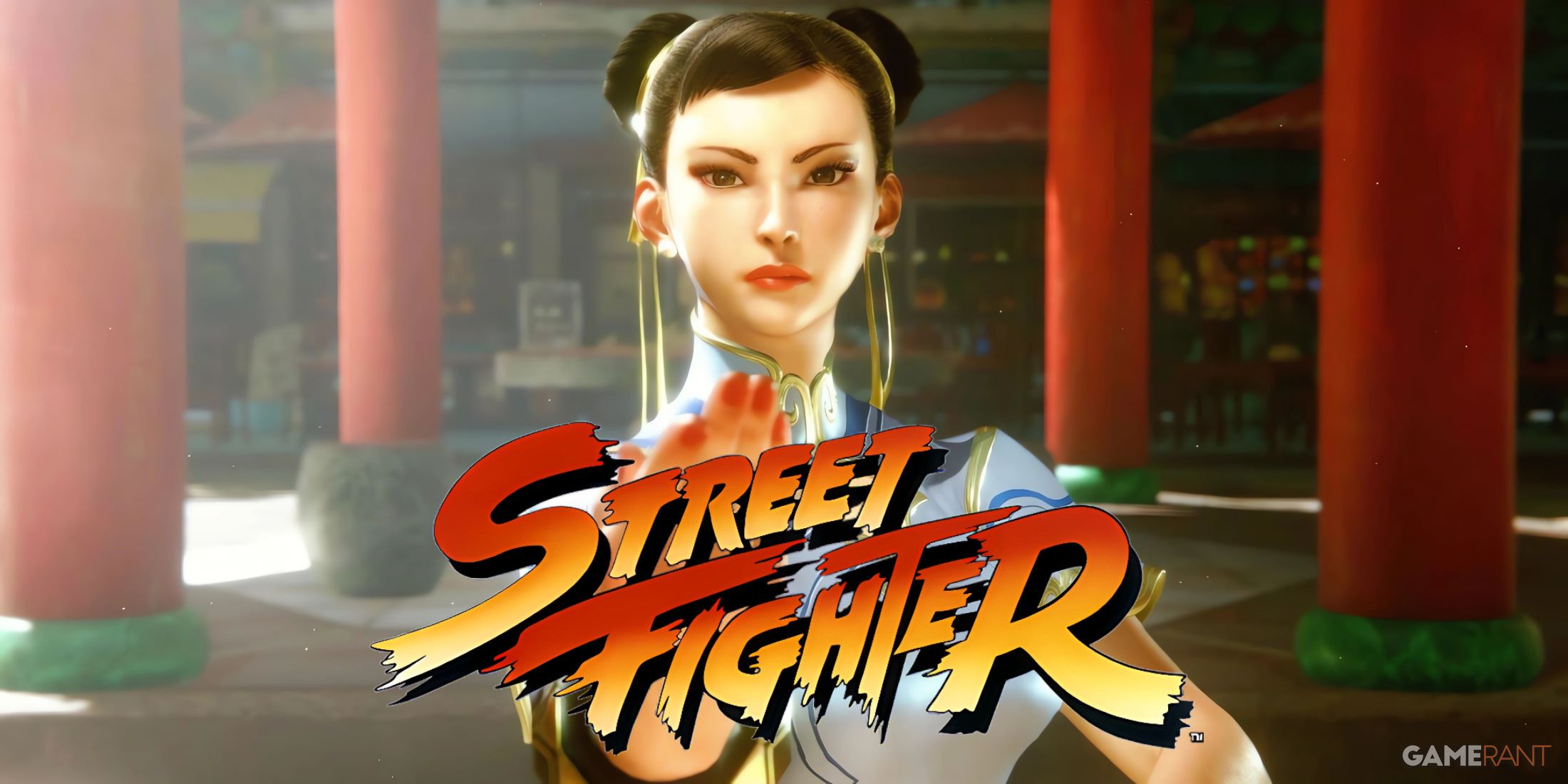 chun li in fighting pose with orange street fighter logo