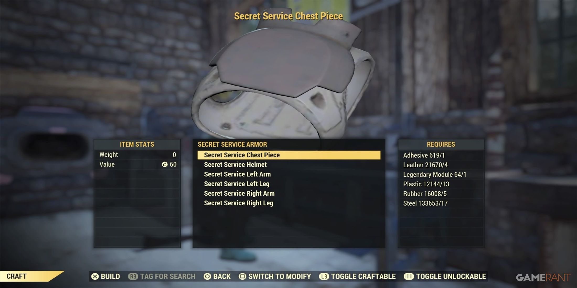 Crafting A Secret Service Chest Piece in Fallout 76