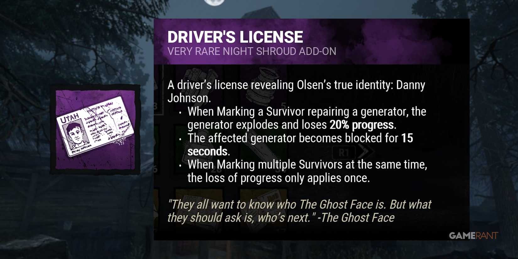 dead by daylight the ghost face driver's license addon