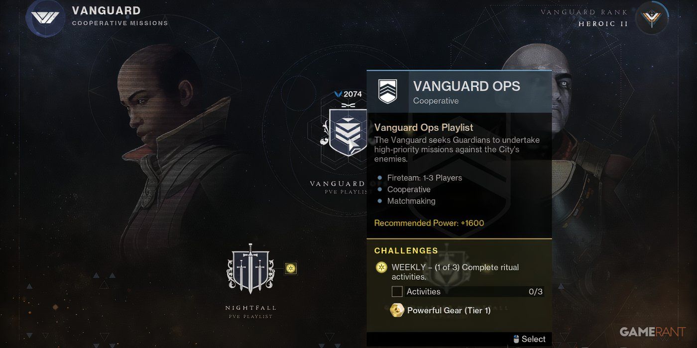 Destiny 2 vanguard strike playlist menu with requirements