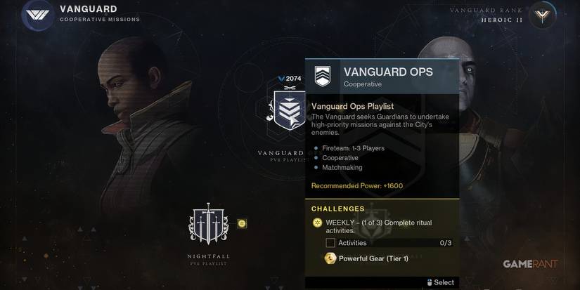 Destiny 2 vanguard strike playlist menu with requirements