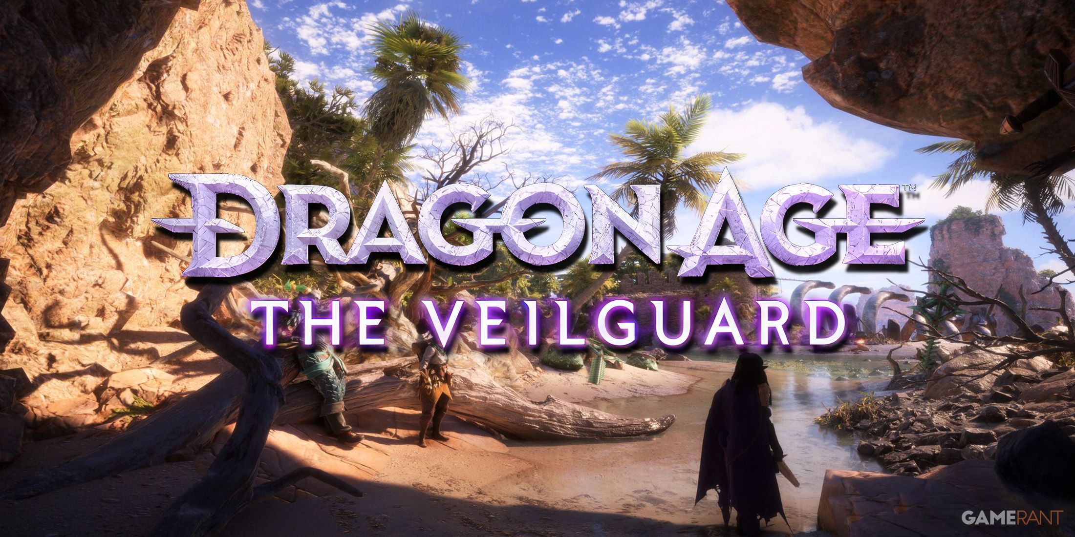 Dragon Age The Veilguard logo with drop shadow over beach coastal promo screenshot