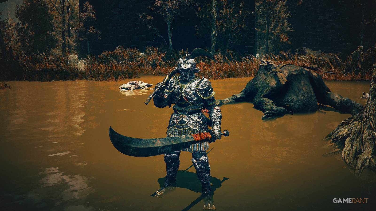 Elden Ring Shadow of the Erdtree Beast Champion armor power stancing curved greatswords around dead enemies