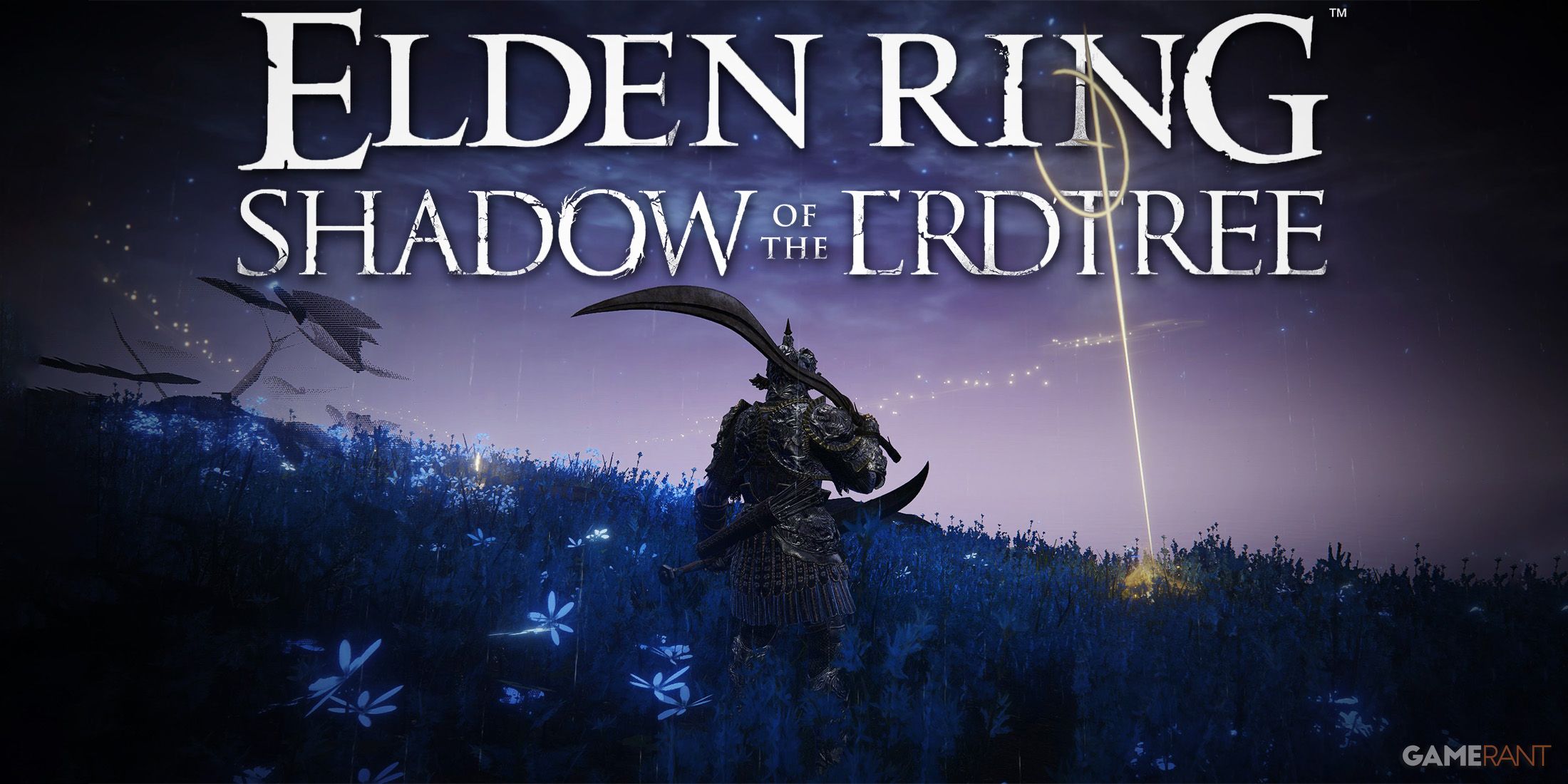 Elden Ring Shadow of the Erdtree blue flower field Miquella's cross screenshot with white game logo edit