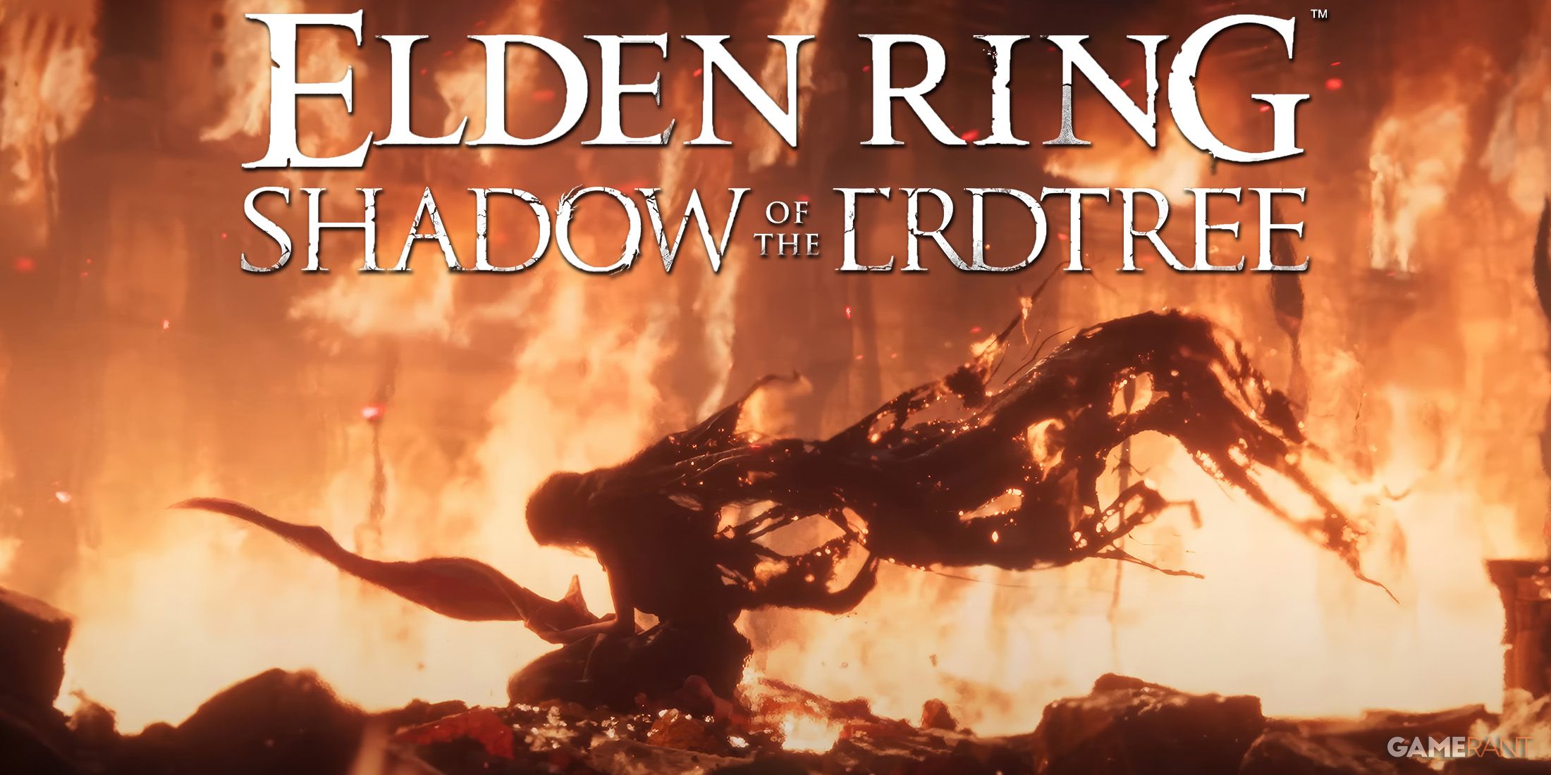 Elden Ring Shadow of the Erdtree logo over story trailer screenshot character kneeling surrounded by flames