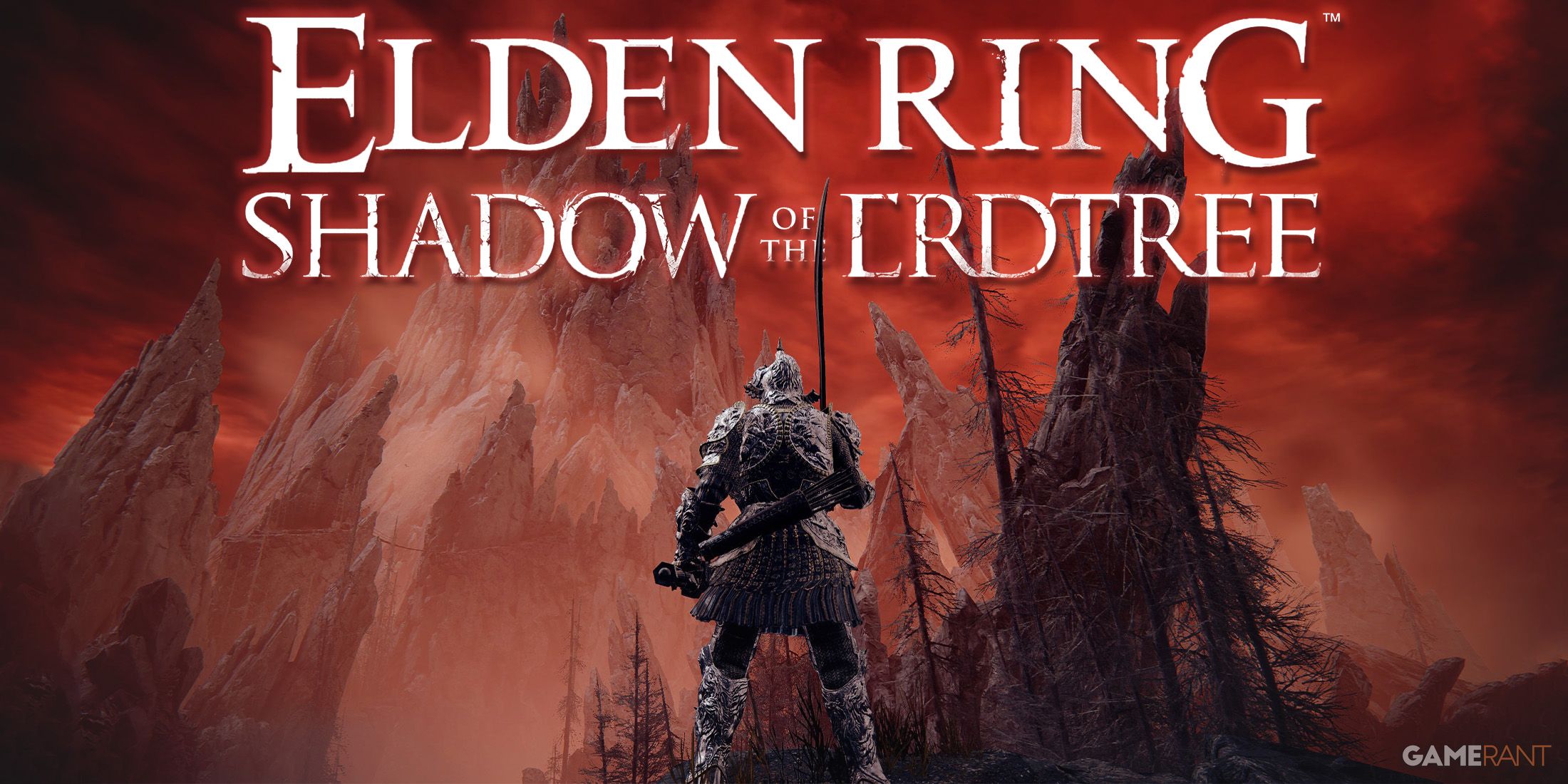 Elden Ring Shadow of the Erdtree red sky and mountains north of Grand Altar of Dragon Communion with game logo edit