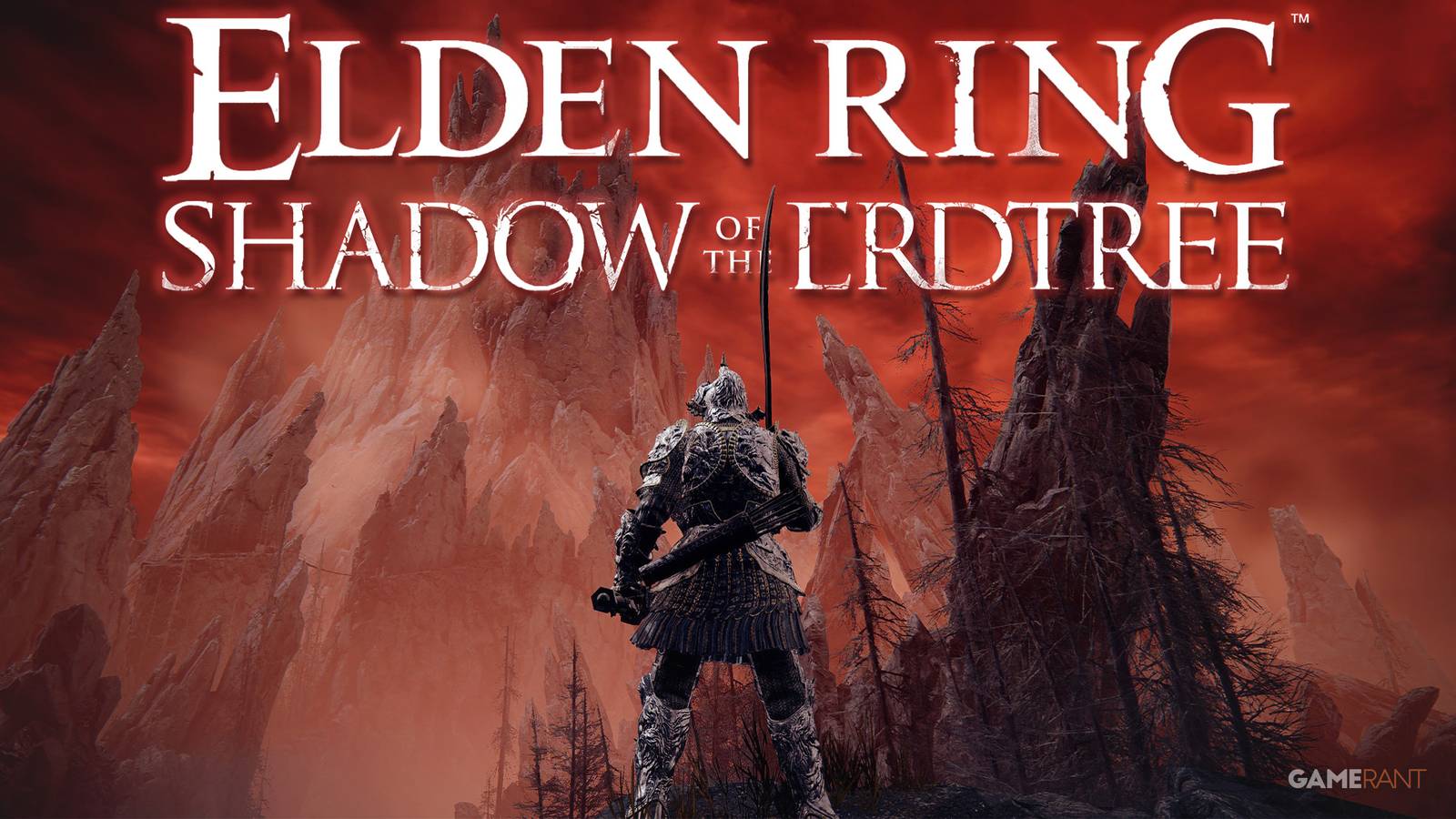 Elden Ring Shadow of the Erdtree red sky and mountains north of Grand Altar of Dragon Communion with game logo edit