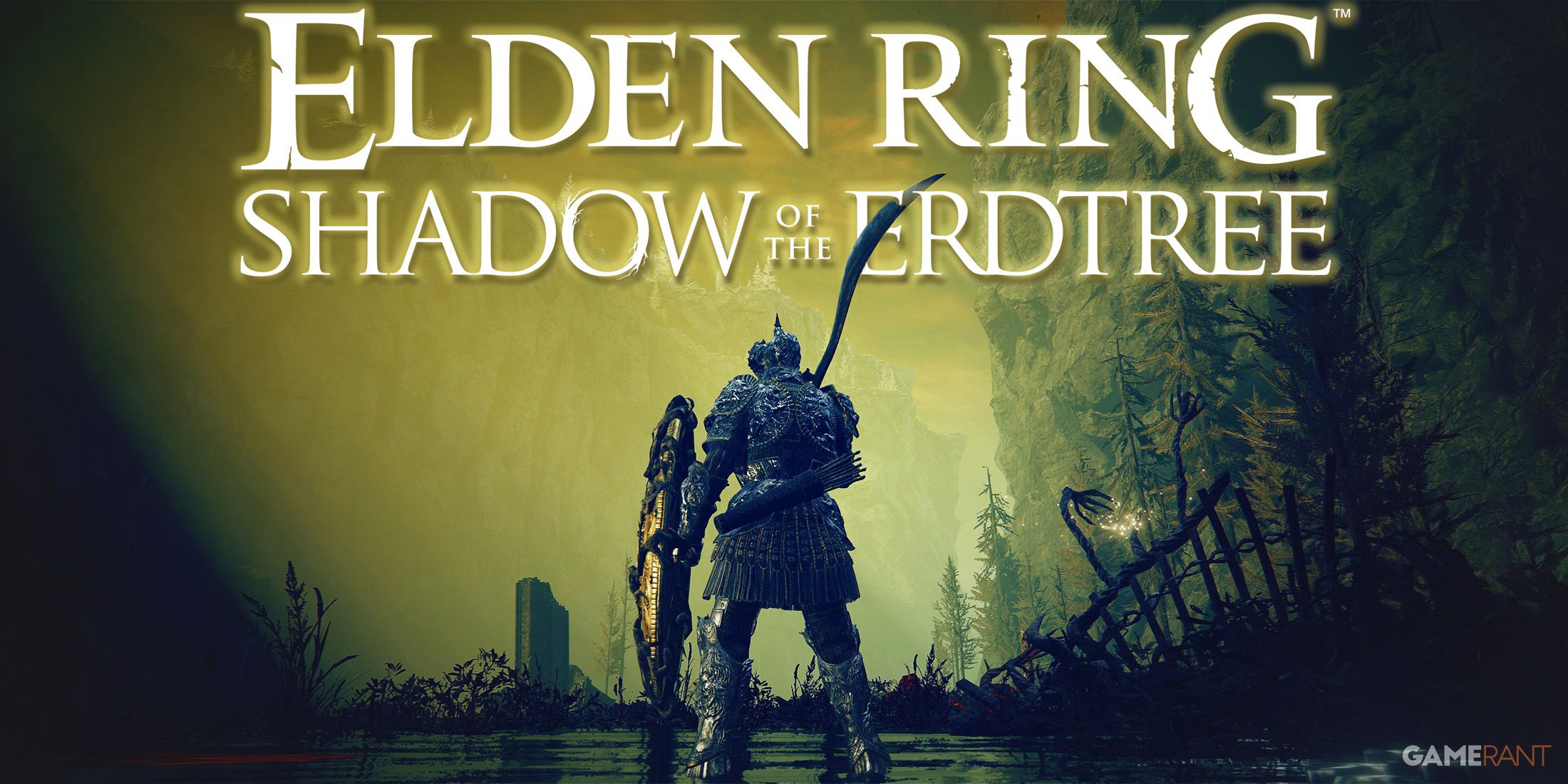 Elden Ring Shadow of the Erdtree Unte Ruins valley with game logo