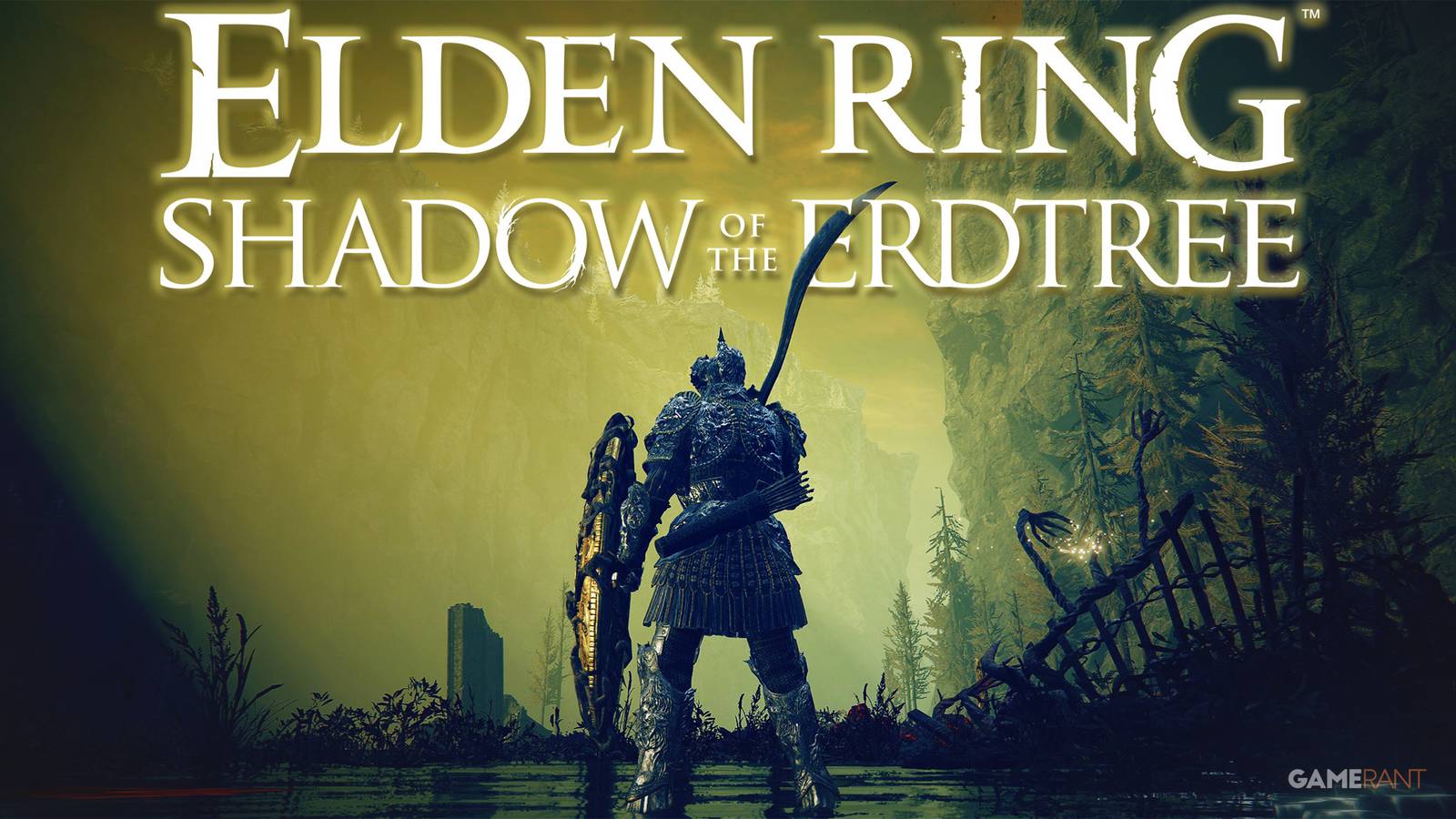 Elden Ring Shadow of the Erdtree Unte Ruins valley with game logo