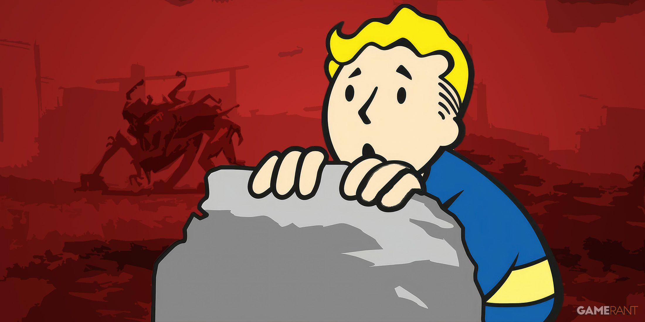 Fallout 4 Vault Boy ducking behind big rock looking at posterized red Centaur silhouette