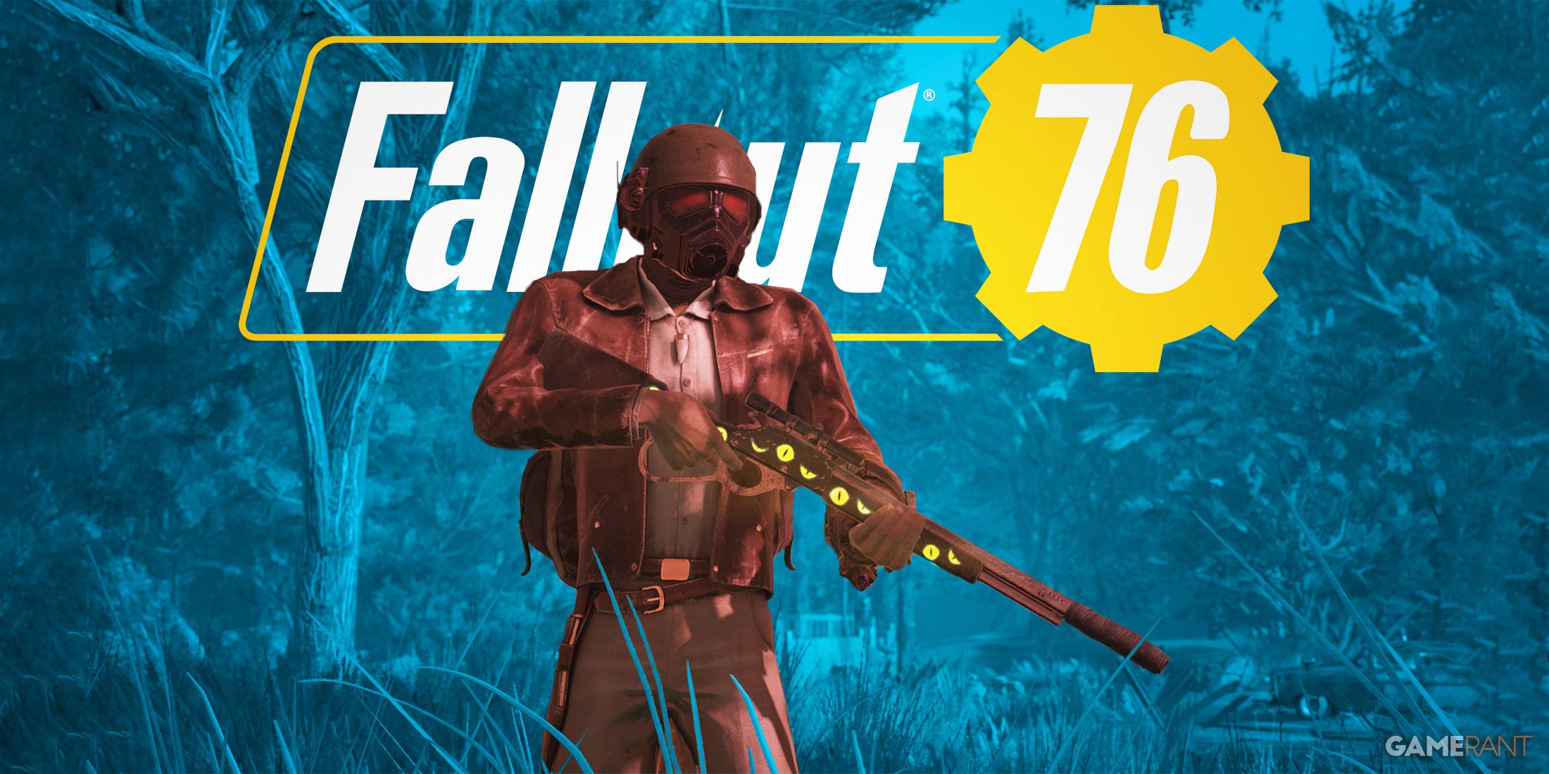 Fallout 76 character holding lever-action sniper rifle in front of game logo blue background edit