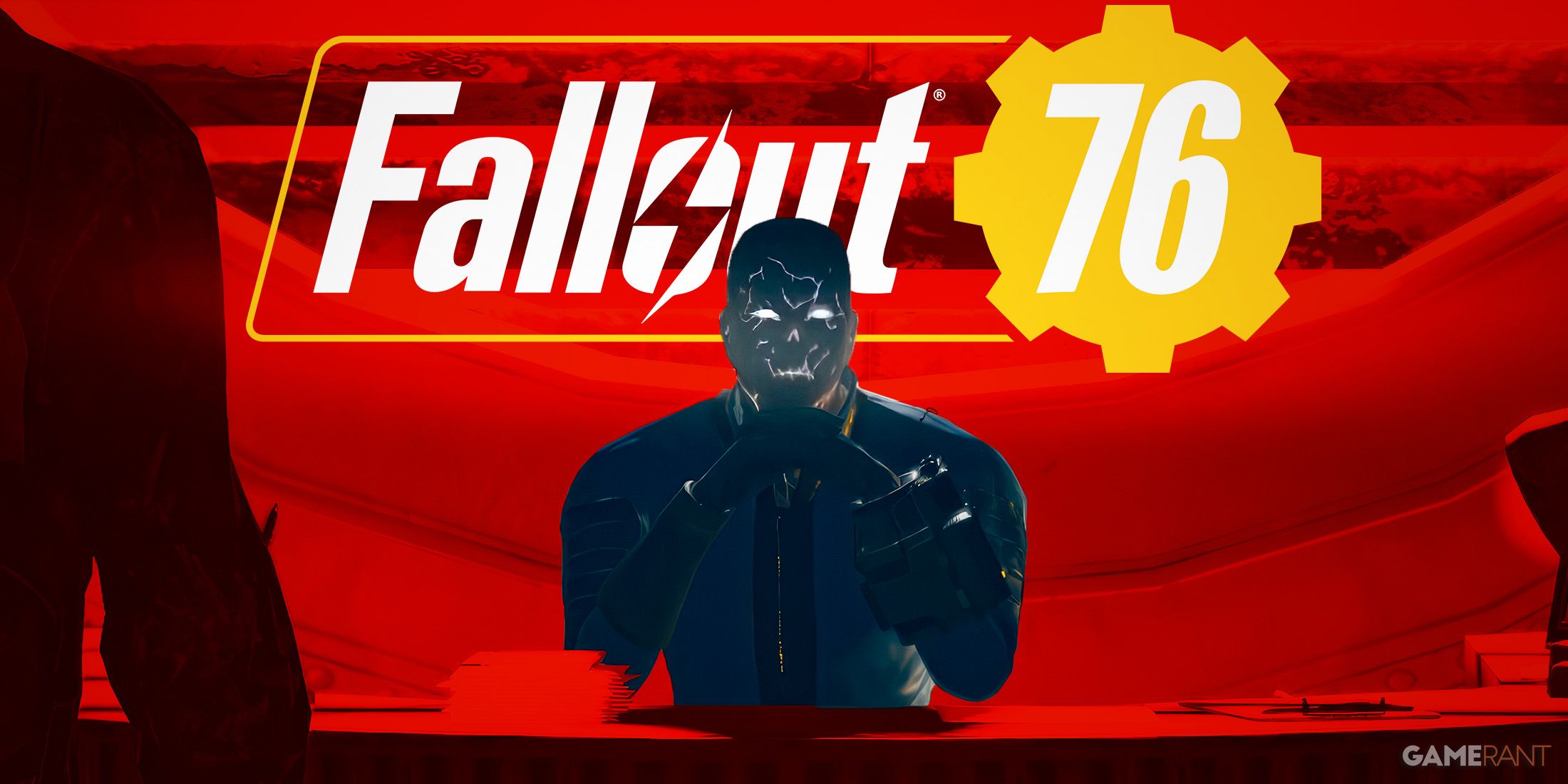 Fallout 76 Hugo Stolz Vault 63 Overseer in front of game logo on red background edit