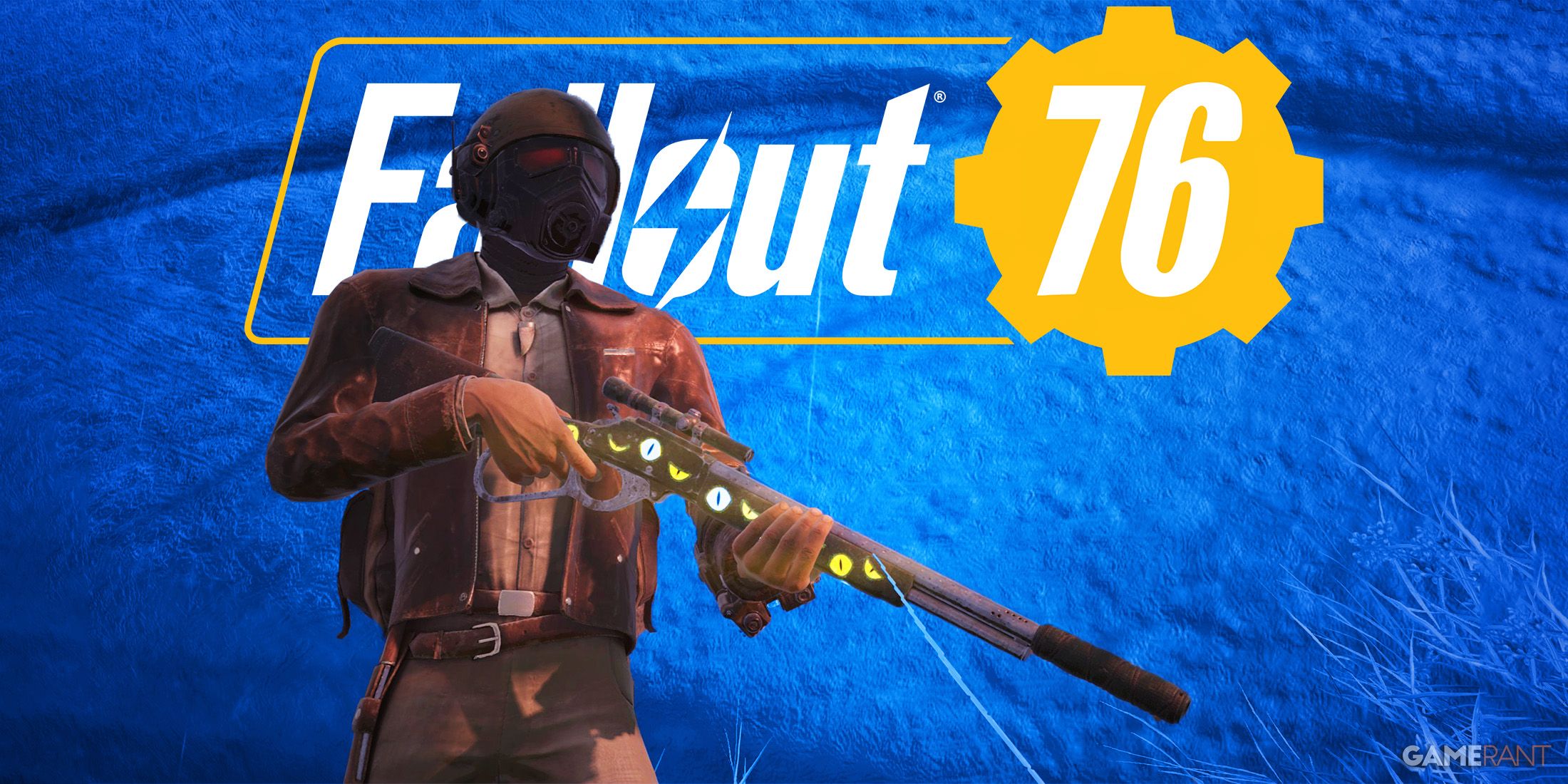 Fallout 76 Lever-action rifle player standing below game logo on blue background with helmet composite