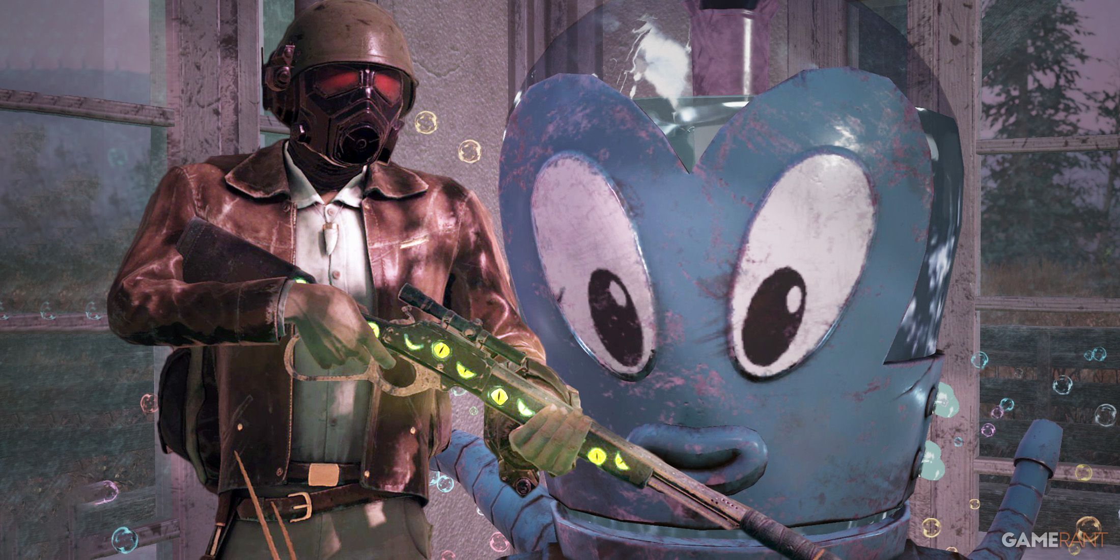 Fallout 76 Octopus Wavy Willard Bubble Machine and player wearing New Vegas helmet composite