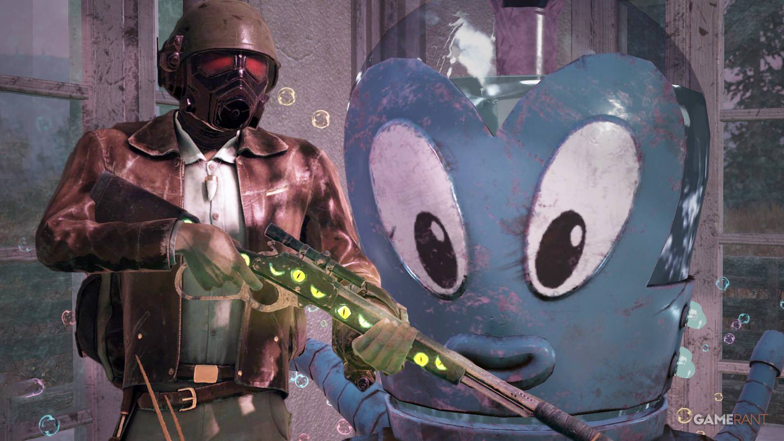 Fallout 76 Octopus Wavy Willard Bubble Machine and player wearing New Vegas helmet composite