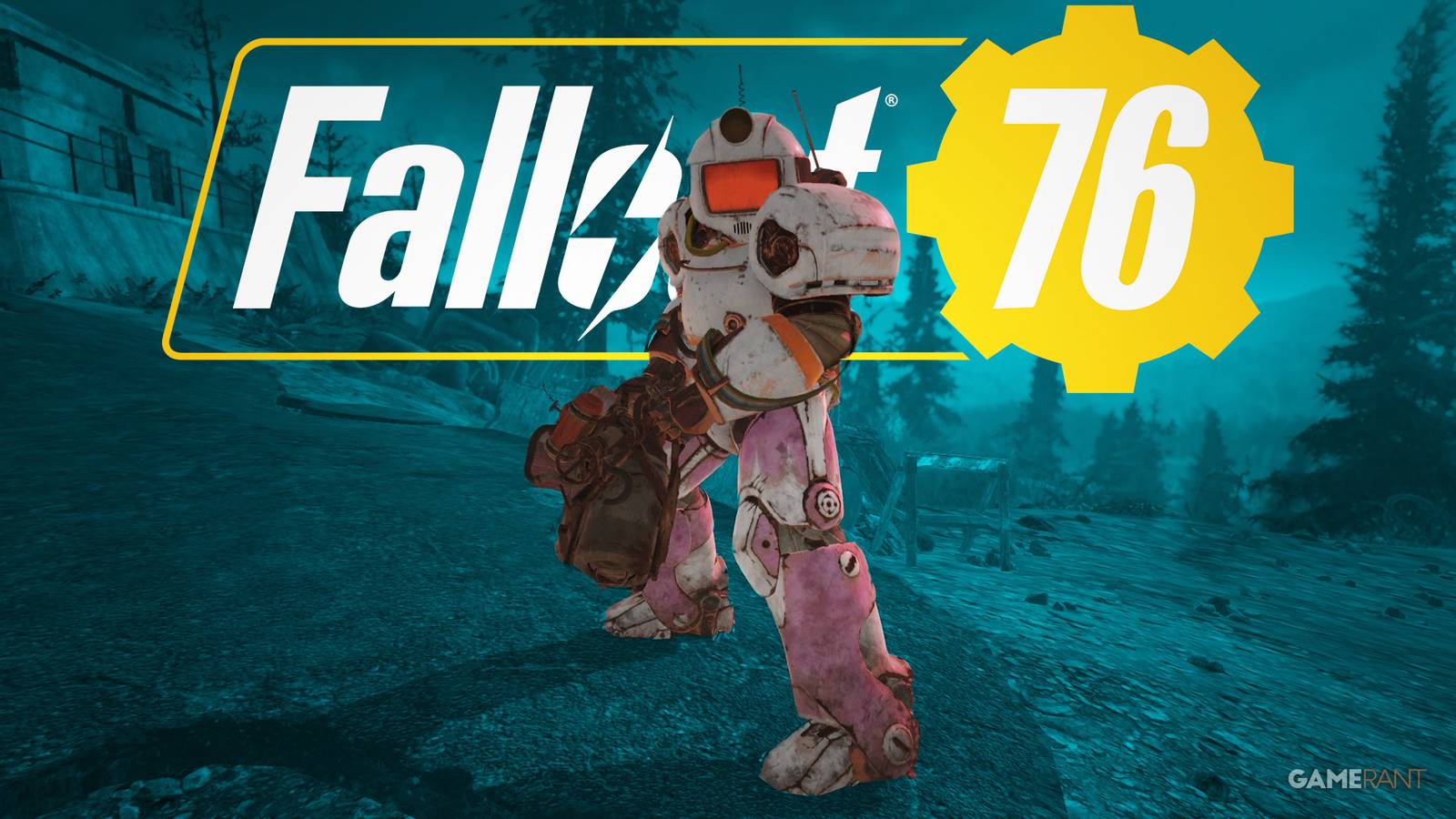 Fallout 76 pink power armor with game logo Thunder Mountain substation TM-03 edit