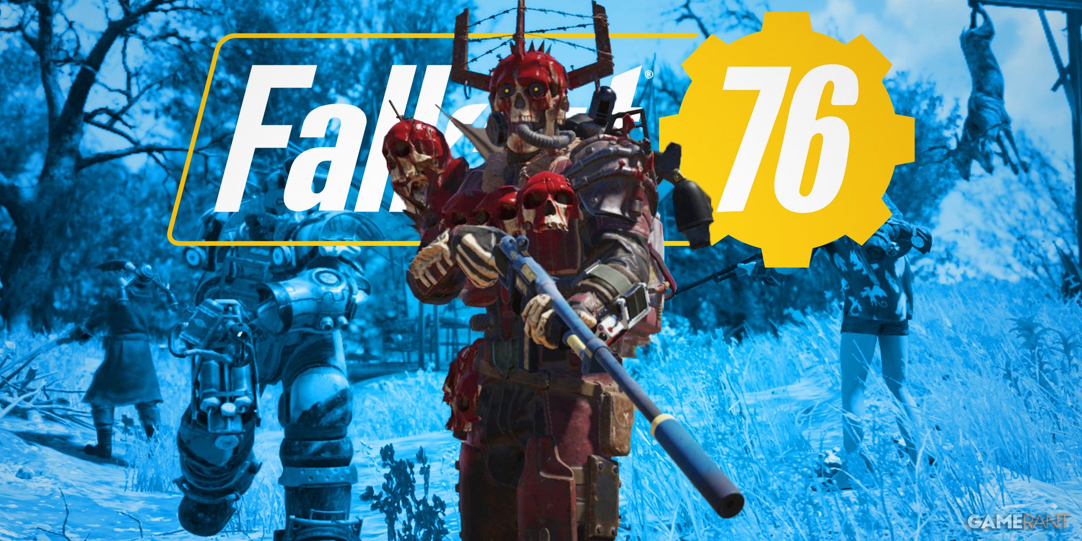 Fallout 76 red horned raider armor blue background swap with game logo edit