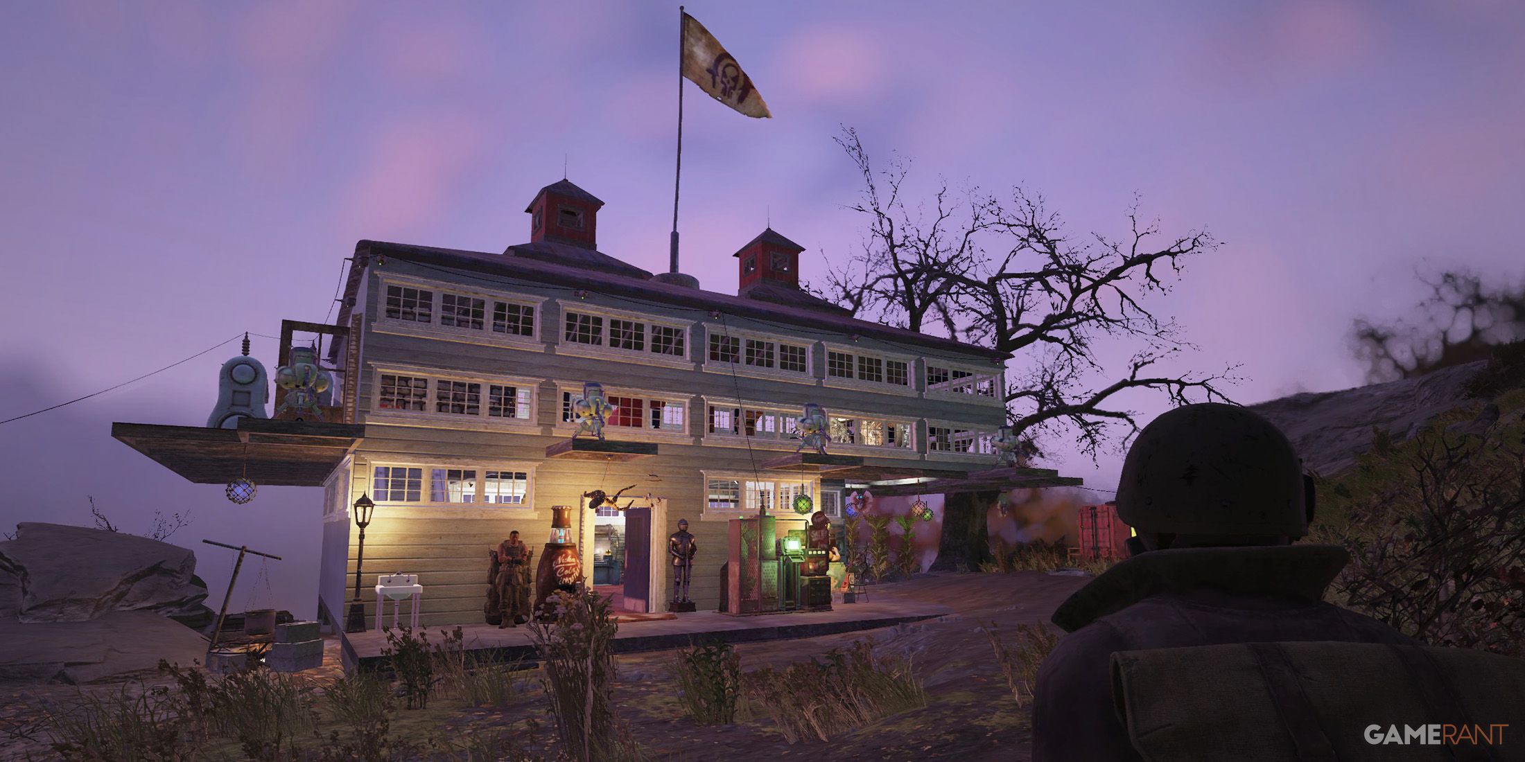 Fallout 76 two-story C.A.M.P. with raider flag