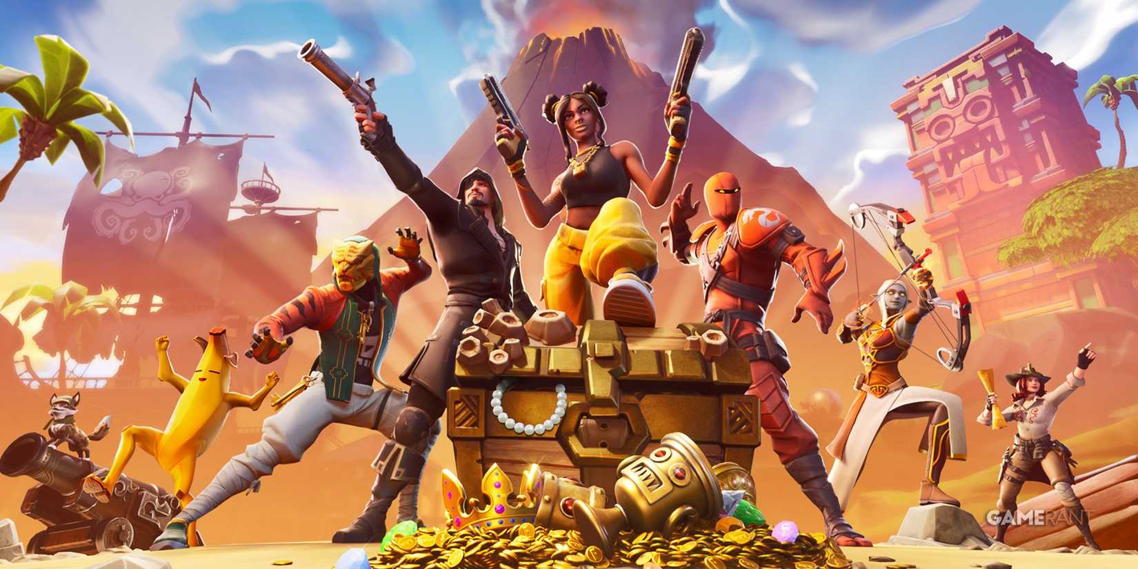 A promotional image for season 8 of Fortnite, showing players standing around a treasure chest with their weapons and a volcano erupting in the background