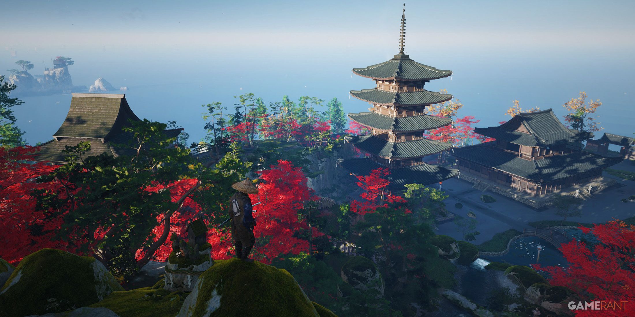 Ghost of Tsushima mountain temple at sea green red and blue scenery