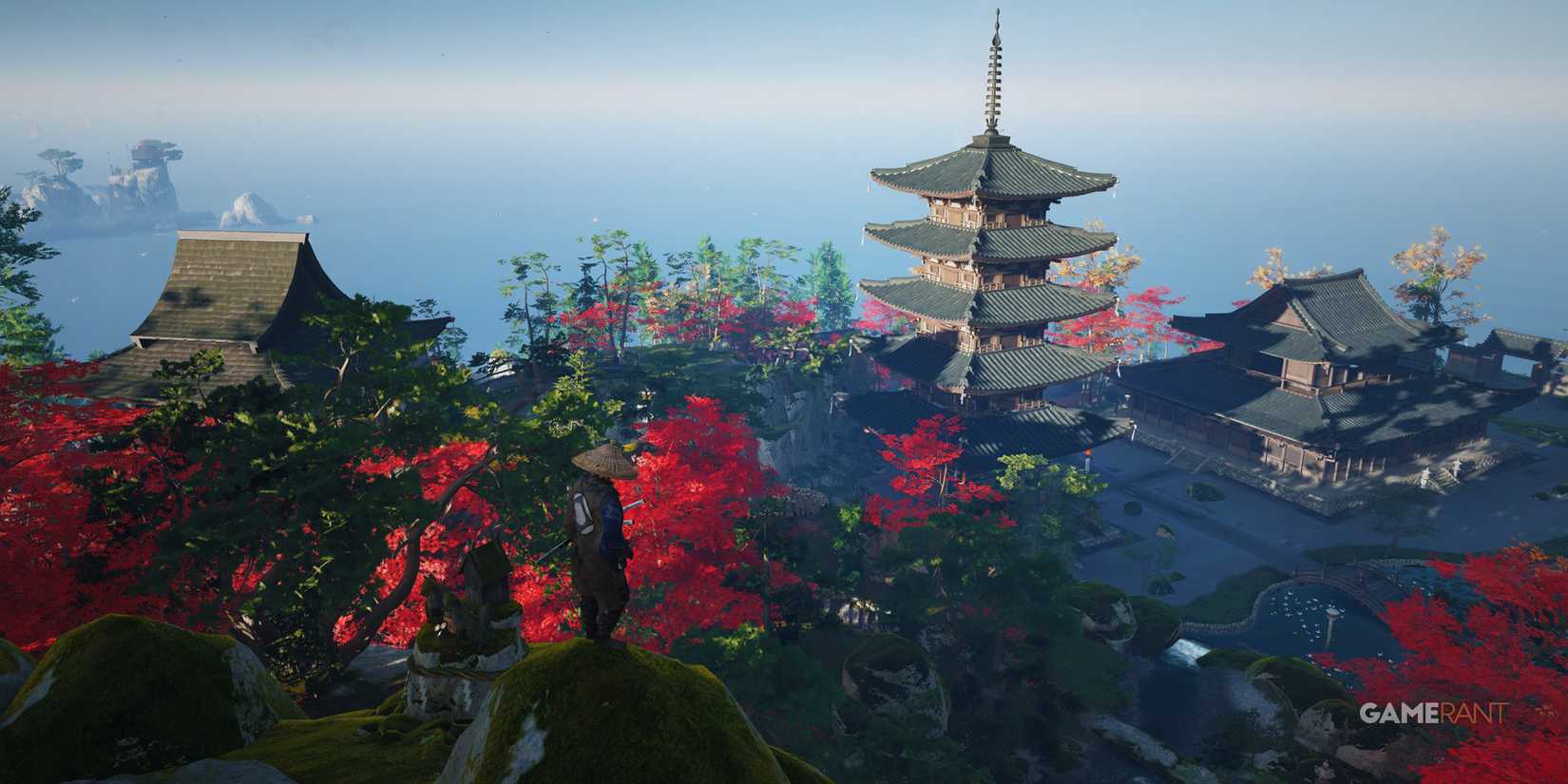 Ghost of Tsushima mountain temple at sea green red and blue scenery
