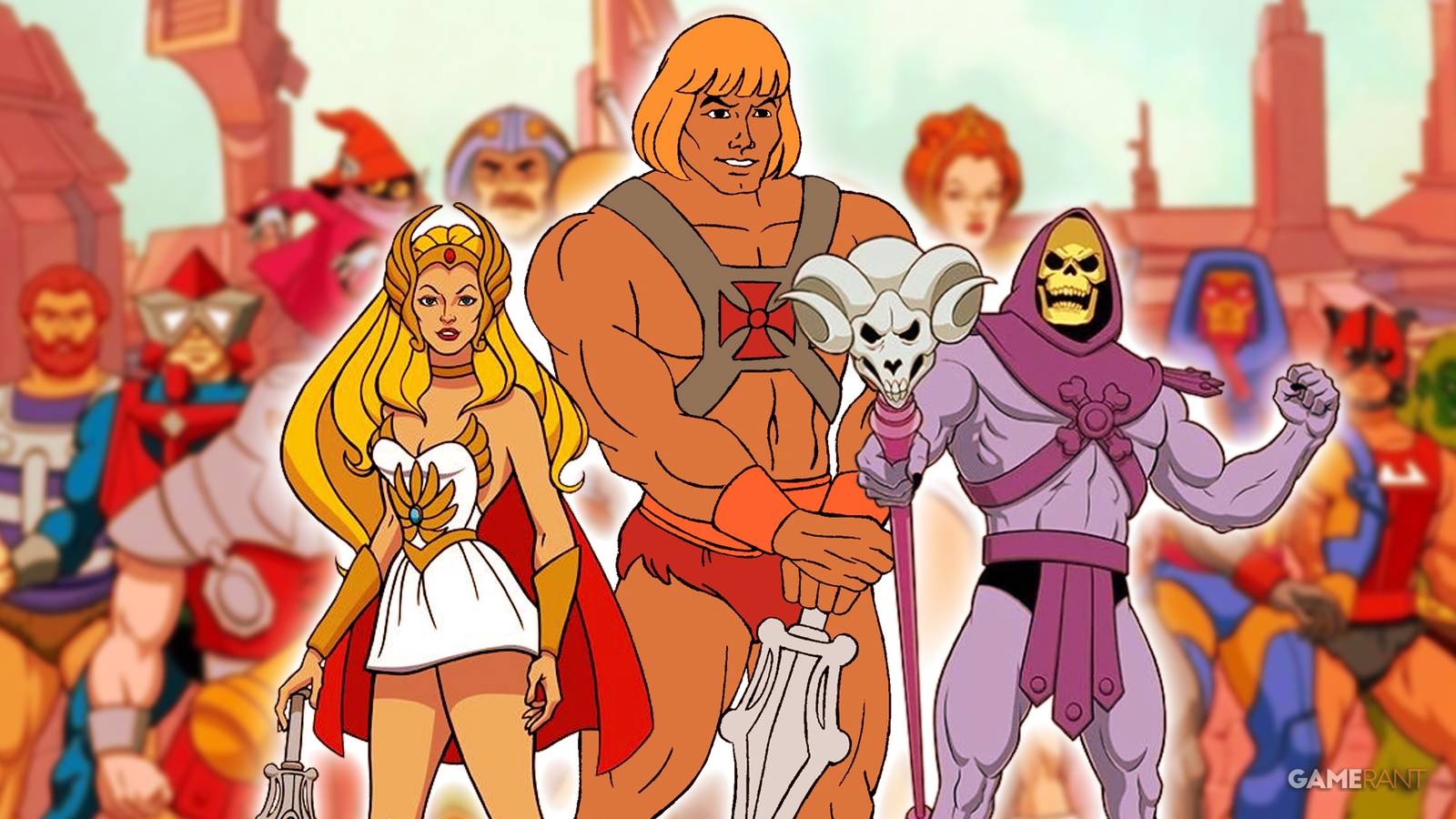 He-Man show characters Teela Na, He-Man, Skeletor