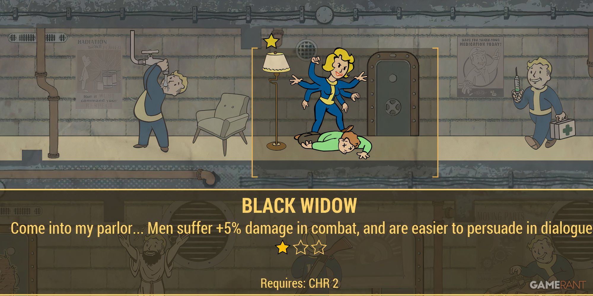 Black Widow Perk Icon - A cartoonized woman with 5 arms stands over a man she killed