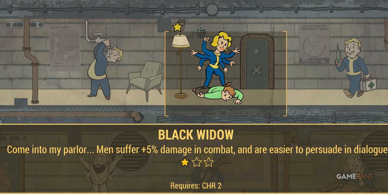 Black Widow Perk Icon - A cartoonized woman with 5 arms stands over a man she killed
