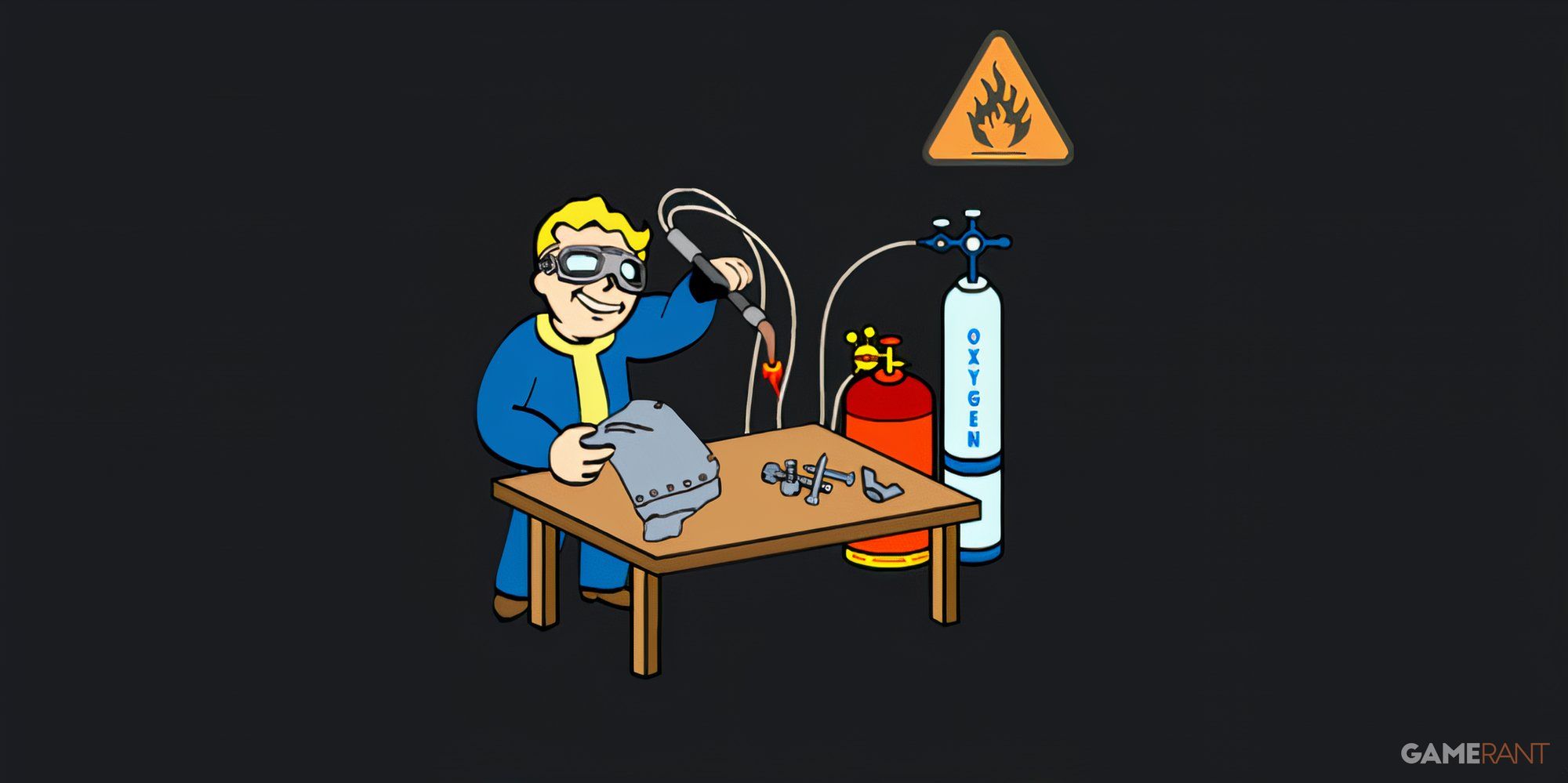 Vault Boy stands at an armor workbench with welding goggles and holds a welding torch