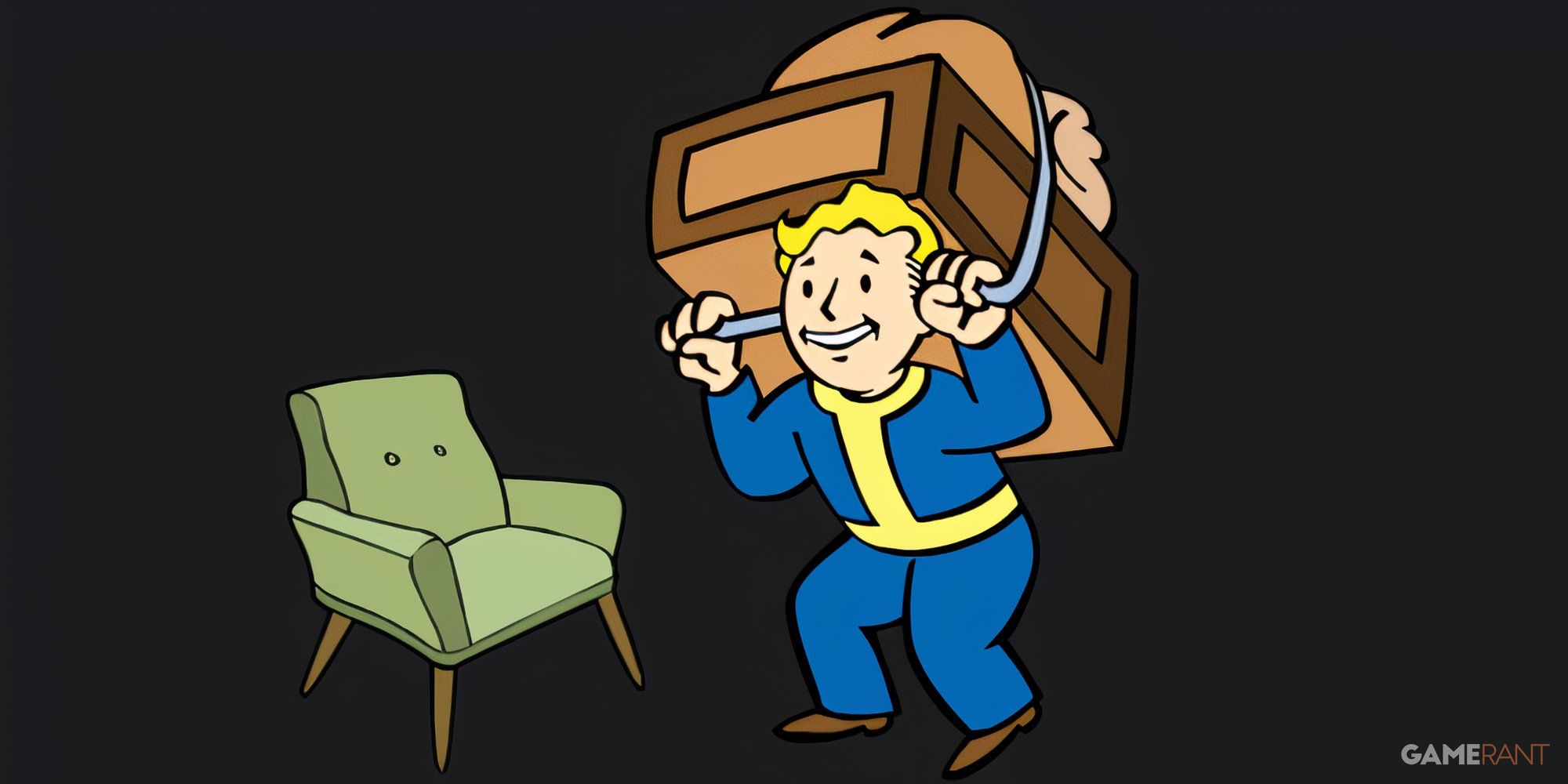 Vault Boy holds a giant box and bag over his head