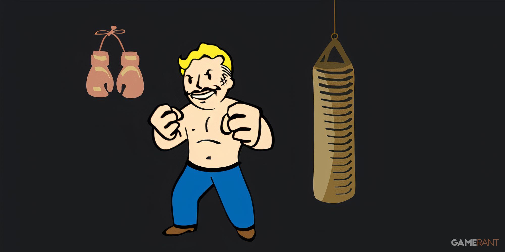 Vault Boy stands next to a punching bag with fists held up 