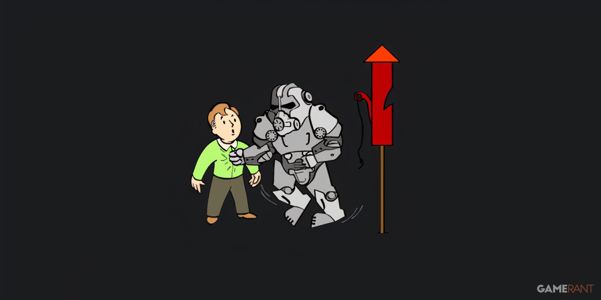 Vault Boy charges at another character in a suit of Power Armor as an old timey train whistle goes off