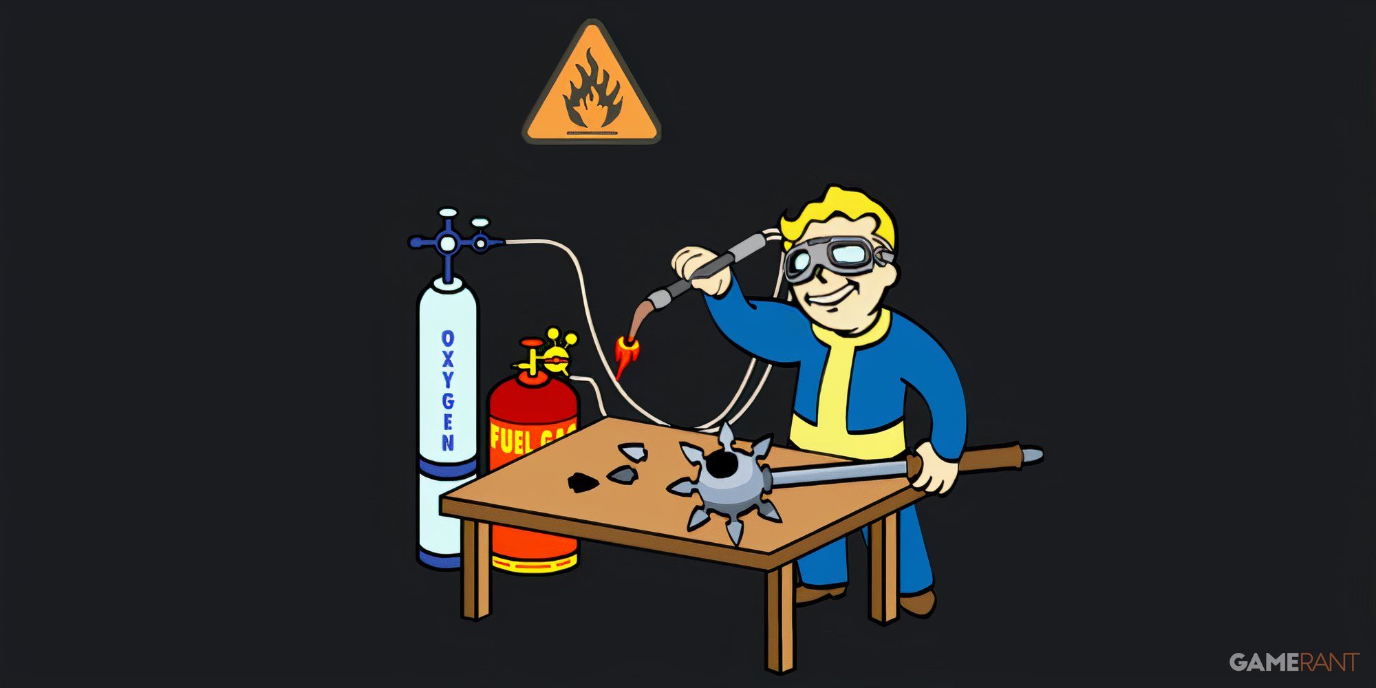 Vault Boy works on a mace at a workbench