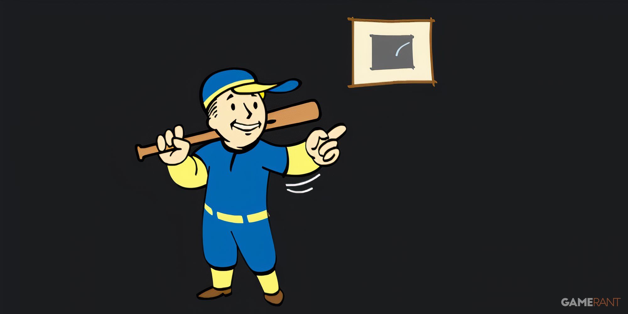 Vault Boy is wearing a baseball uniform and holds a baseball bat over his shoulder