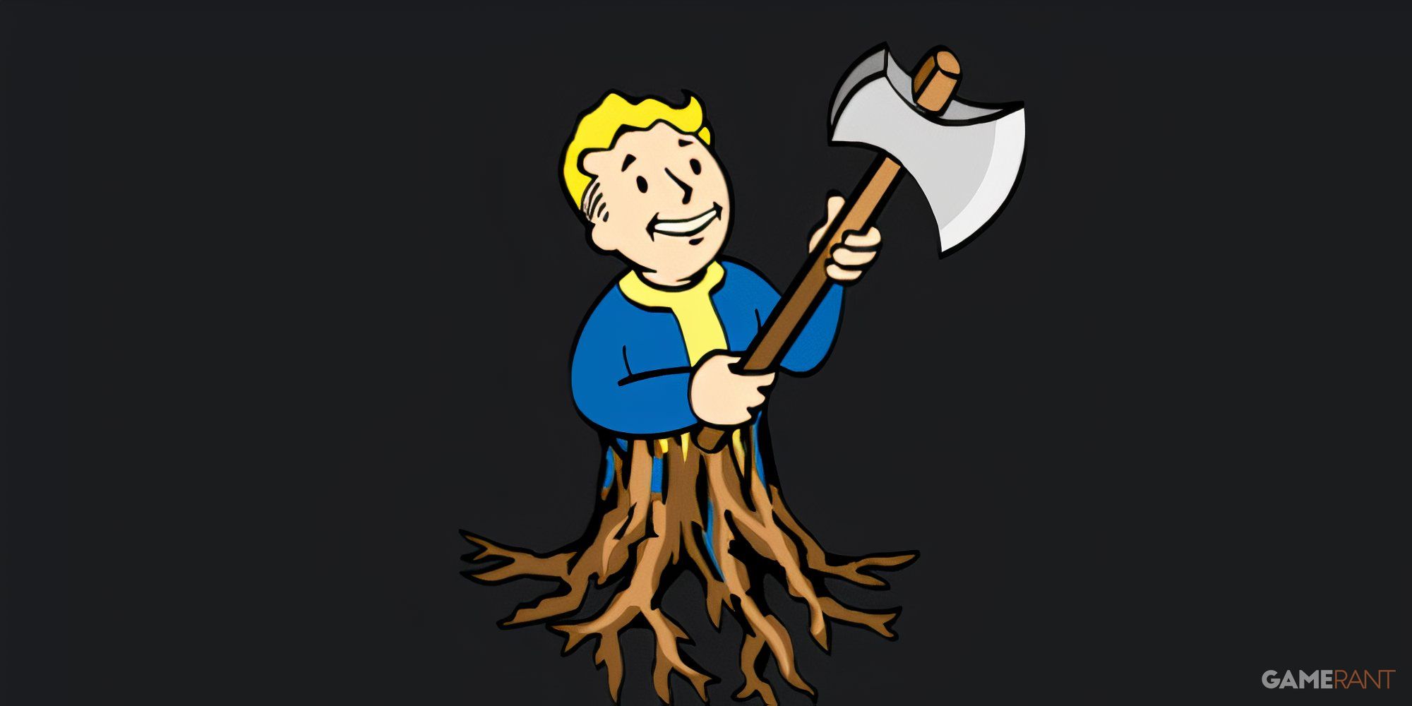 Vault Boy's bottom half is a tree trunk and he holds up a huge axe.