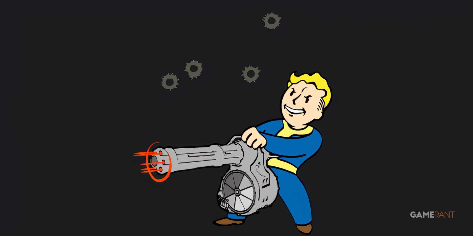 Vault Boy fires a mini gun off screen